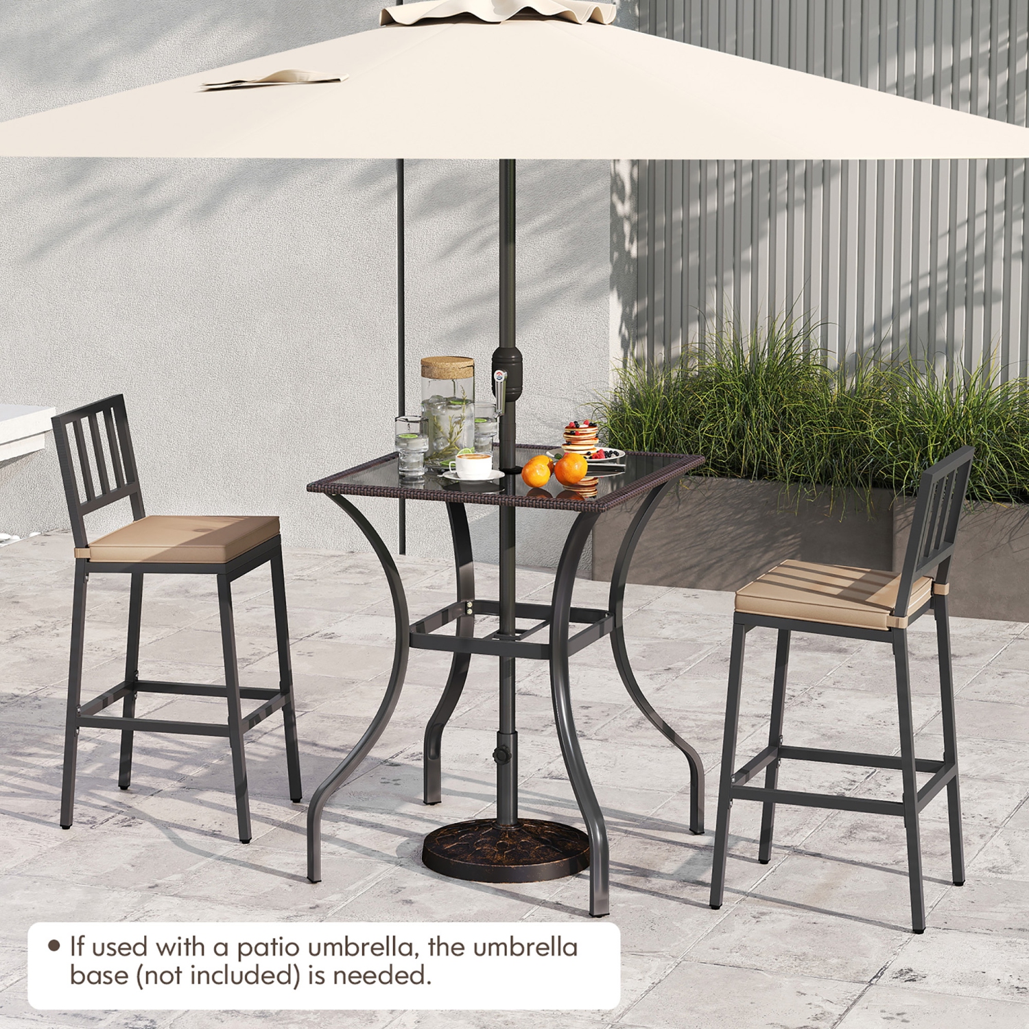 Gymax 28.5'' Square Bistro Bar Table w/ 2'' Umbrella Hole Silkscreen Glass Tabletop