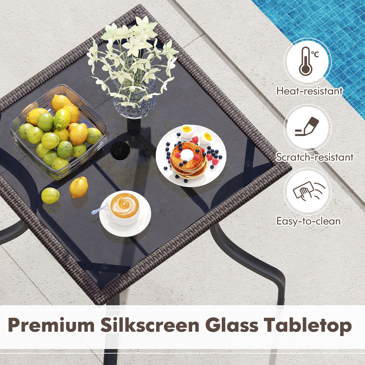 Gymax 28.5'' Square Bistro Bar Table w/ 2'' Umbrella Hole Silkscreen Glass Tabletop