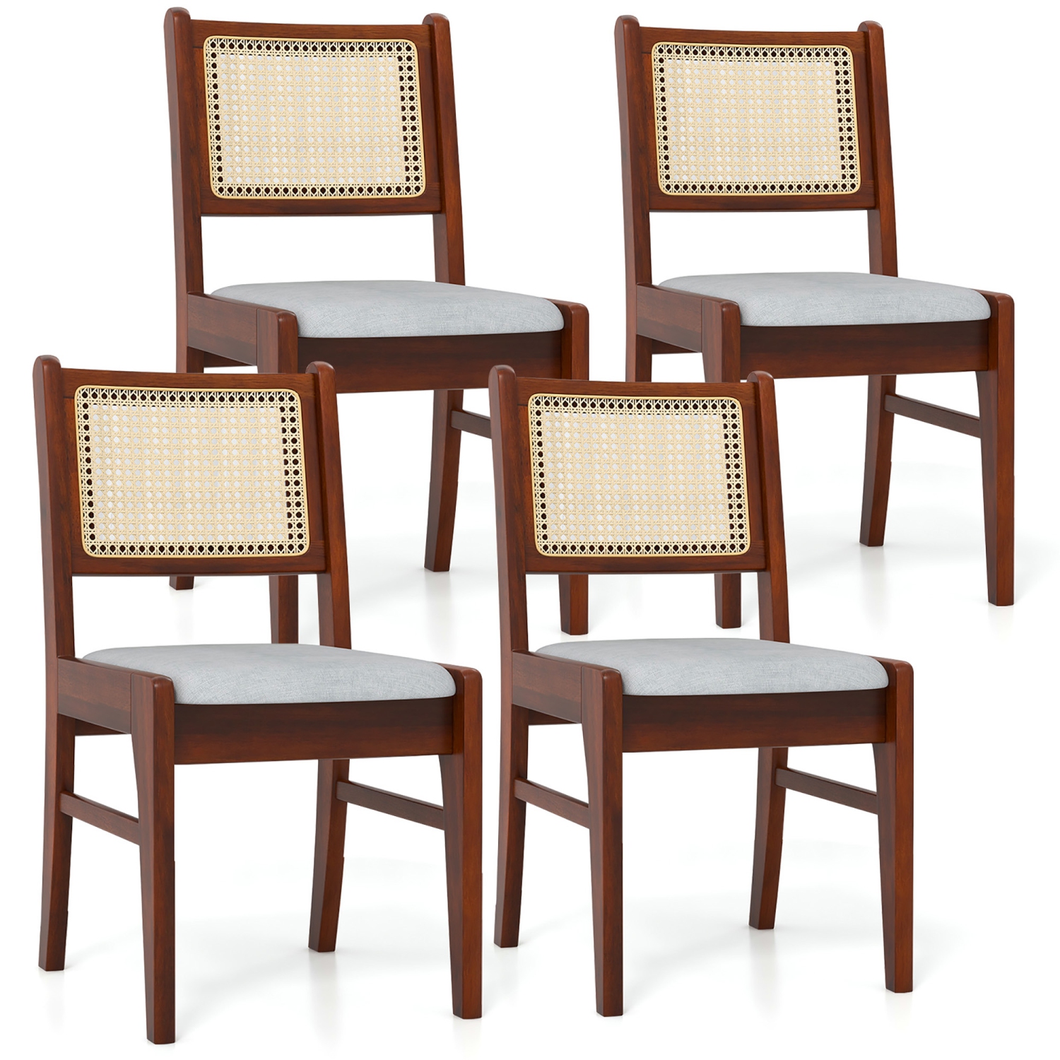 Gymax 4PCS Rattan Dining Chairs Upholstered Kitchen Chairs w/ Rubber Wood Frame