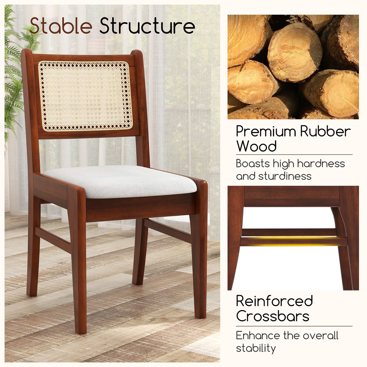 Gymax 4PCS Rattan Dining Chairs Upholstered Kitchen Chairs w/ Rubber Wood Frame