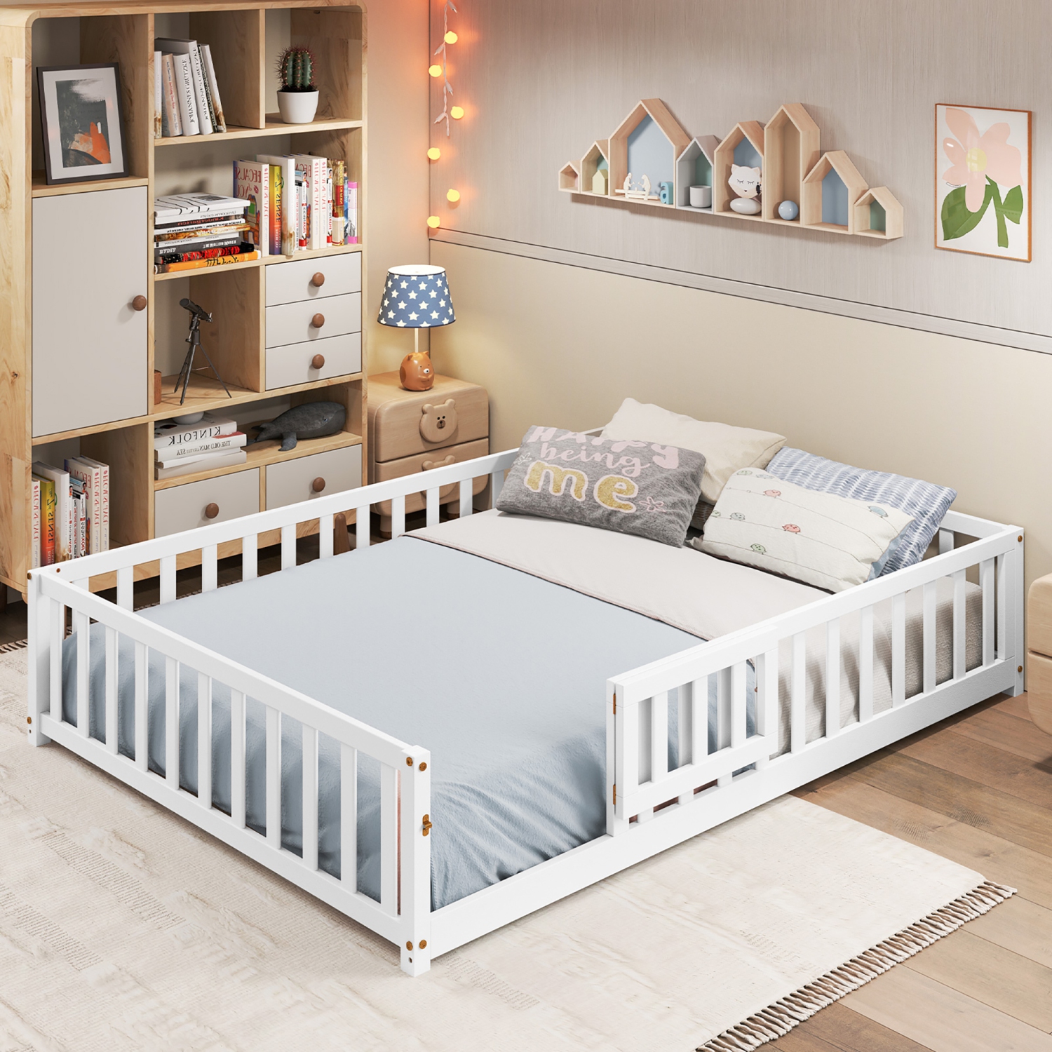 Gymax Full Size Floor Bed Montessori Bed Frame w/ Full-length Guardrails & Safety Door White