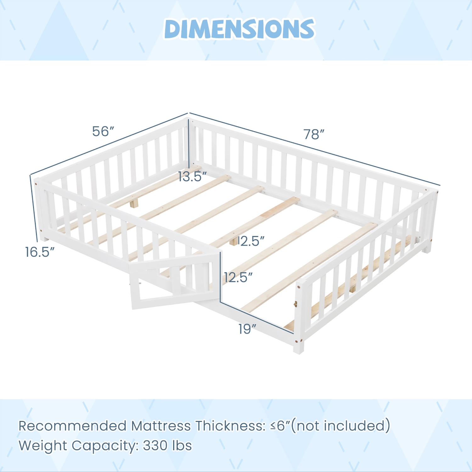 Gymax Full Size Floor Bed Montessori Bed Frame w/ Full-length Guardrails & Safety Door White