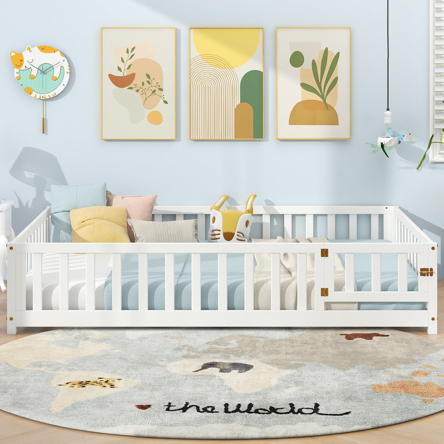 Gymax Full Size Floor Bed Montessori Bed Frame w/ Full-length Guardrails & Safety Door White