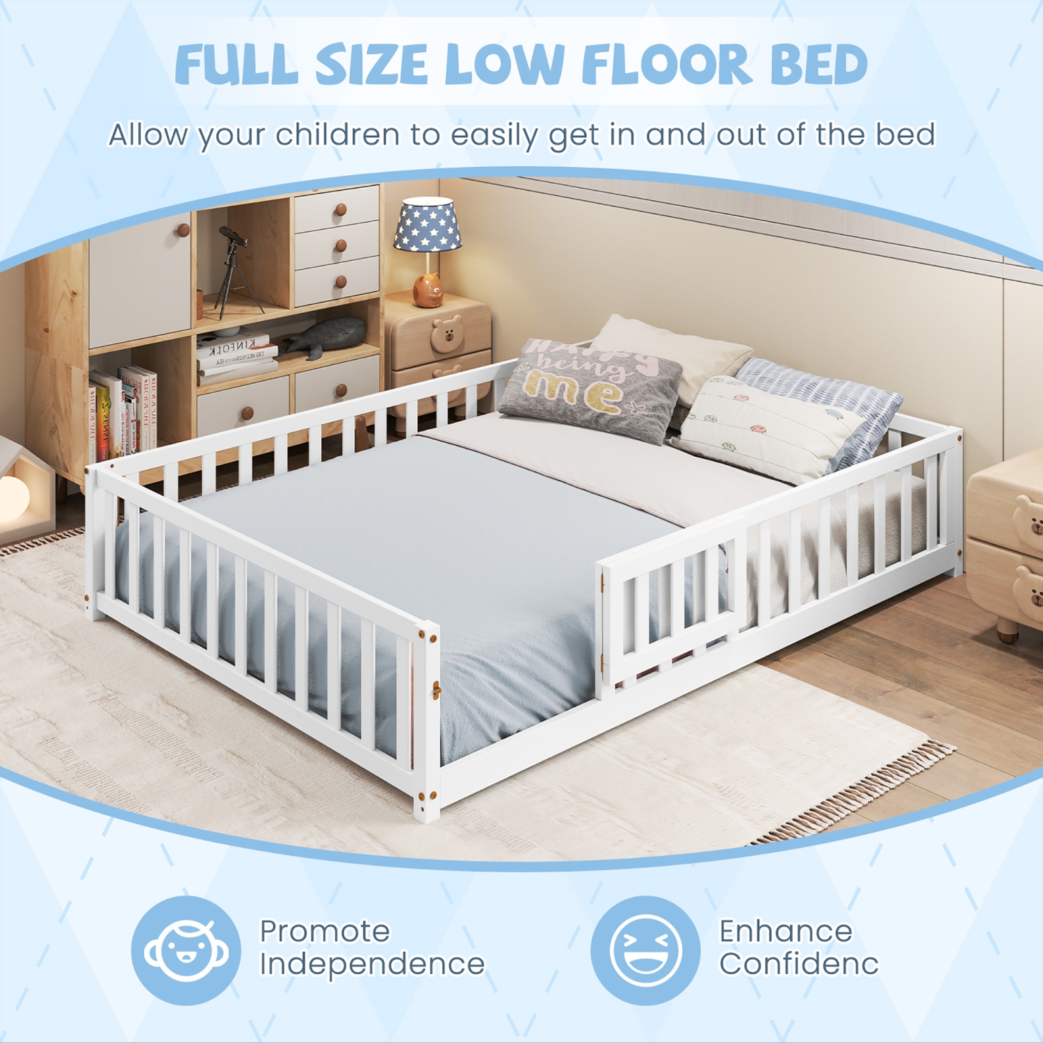 Gymax Full Size Floor Bed Montessori Bed Frame w/ Full-length Guardrails & Safety Door White
