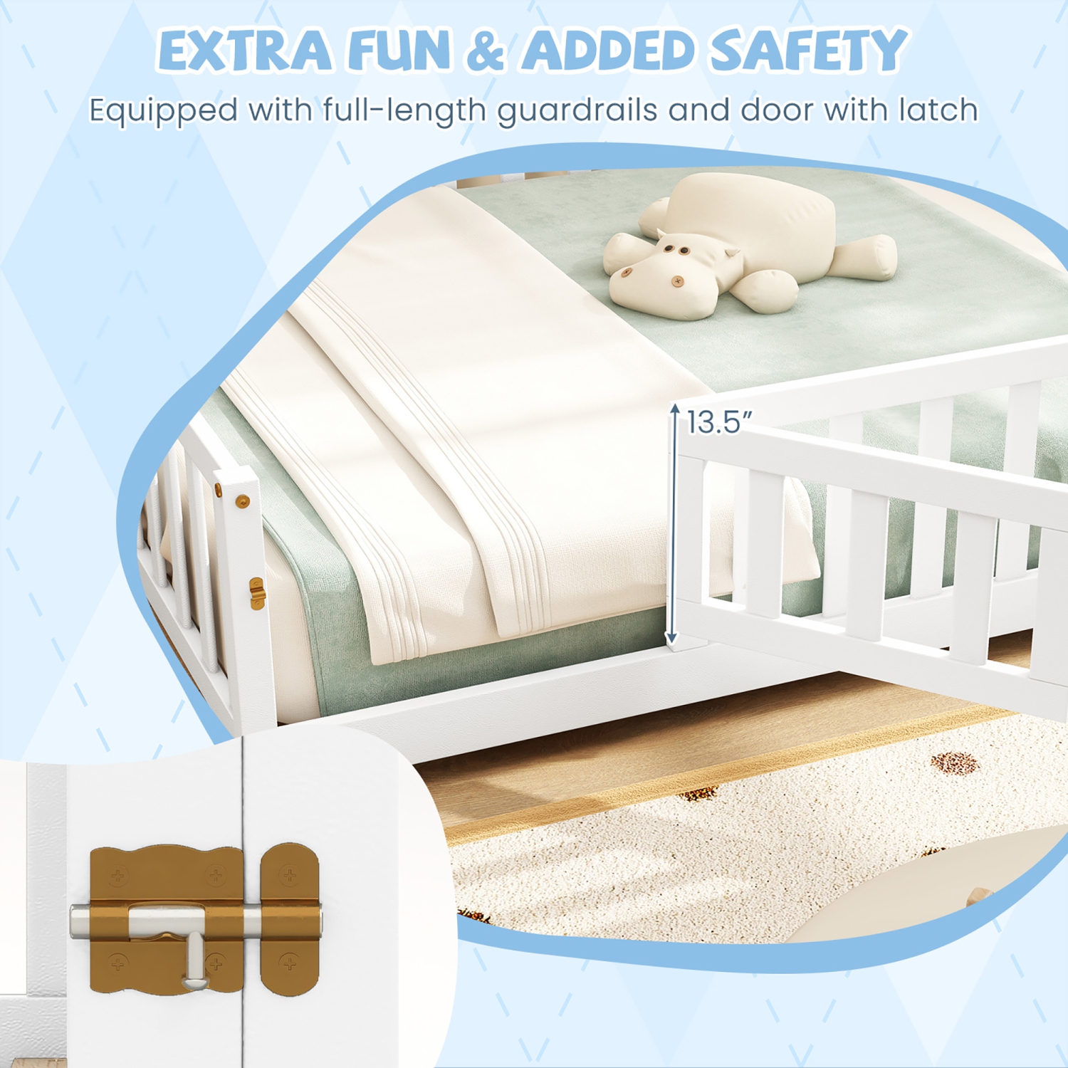 Gymax Full Size Floor Bed Montessori Bed Frame w/ Full-length Guardrails & Safety Door White