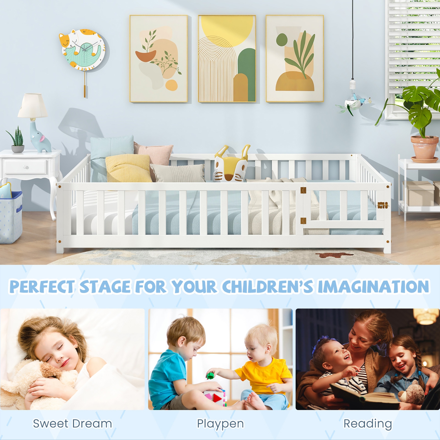 Gymax Full Size Floor Bed Montessori Bed Frame w/ Full-length Guardrails & Safety Door White