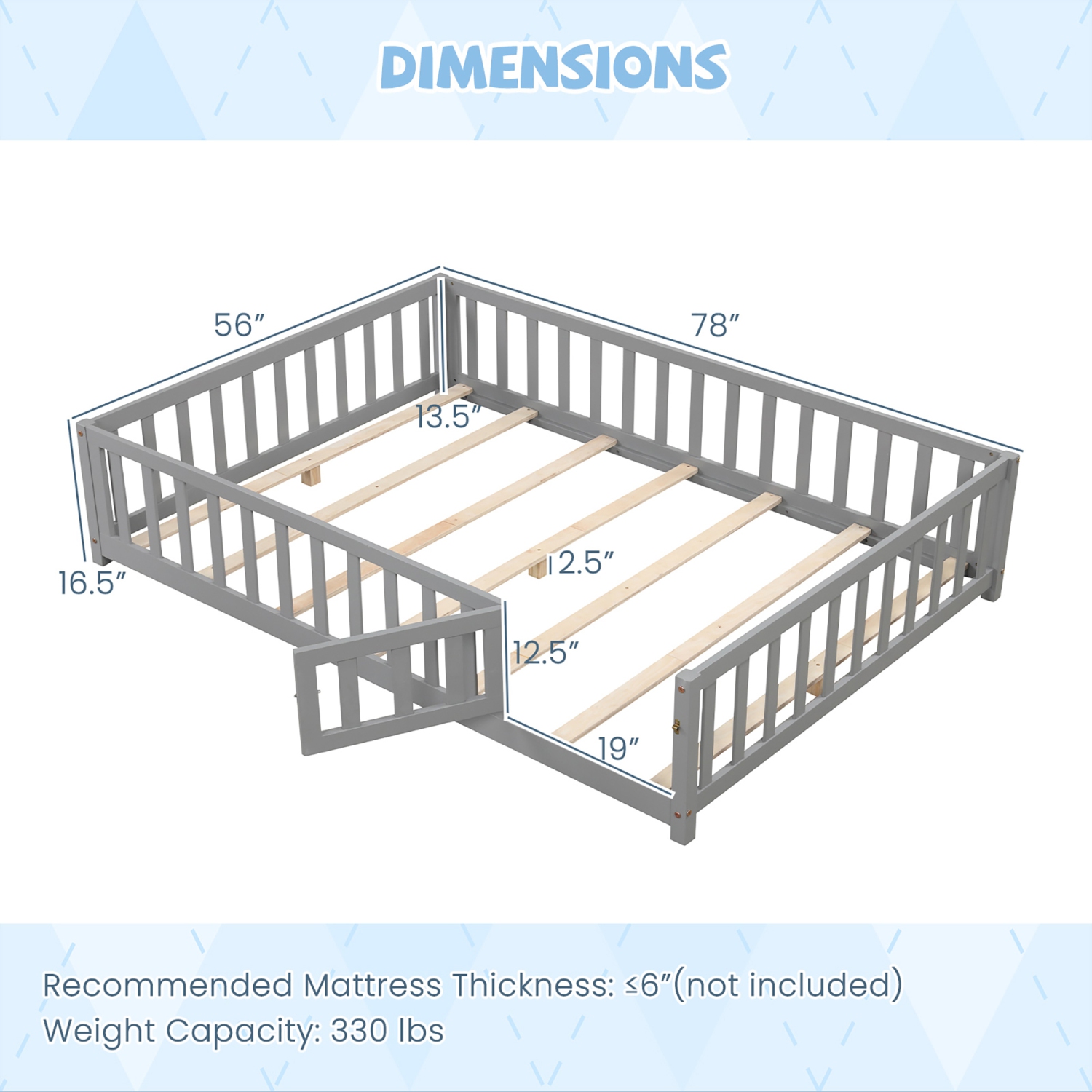 Gymax Full Size Floor Bed Montessori Bed Frame w/ Full-length Guardrails & Safety Door Gray