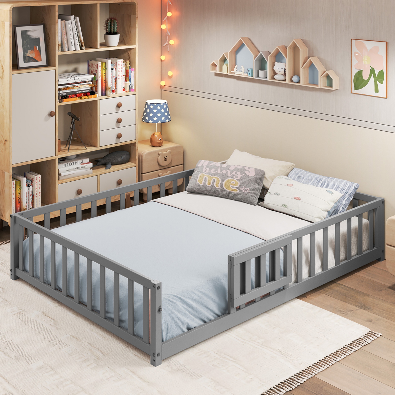 Gymax Full Size Floor Bed Montessori Bed Frame w/ Full-length Guardrails & Safety Door Gray