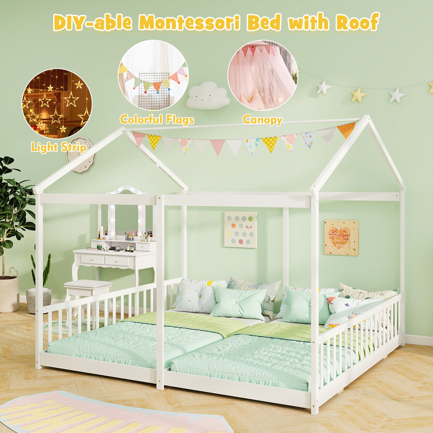 Gymax Double Floor Bed w/ Safety Guardrails No Box Spring Needed for Teens Boys Girls White