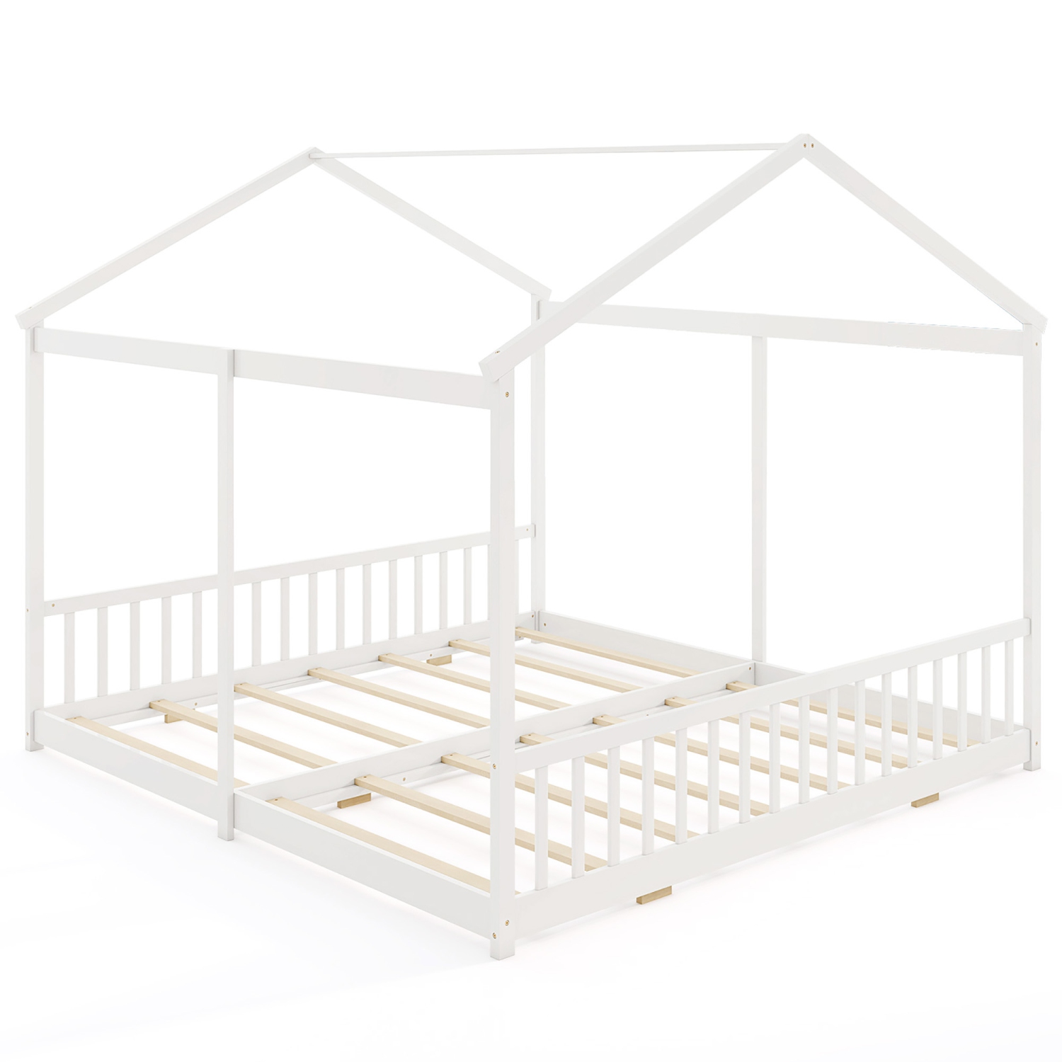 Gymax Double Floor Bed w/ Safety Guardrails No Box Spring Needed for Teens Boys Girls White