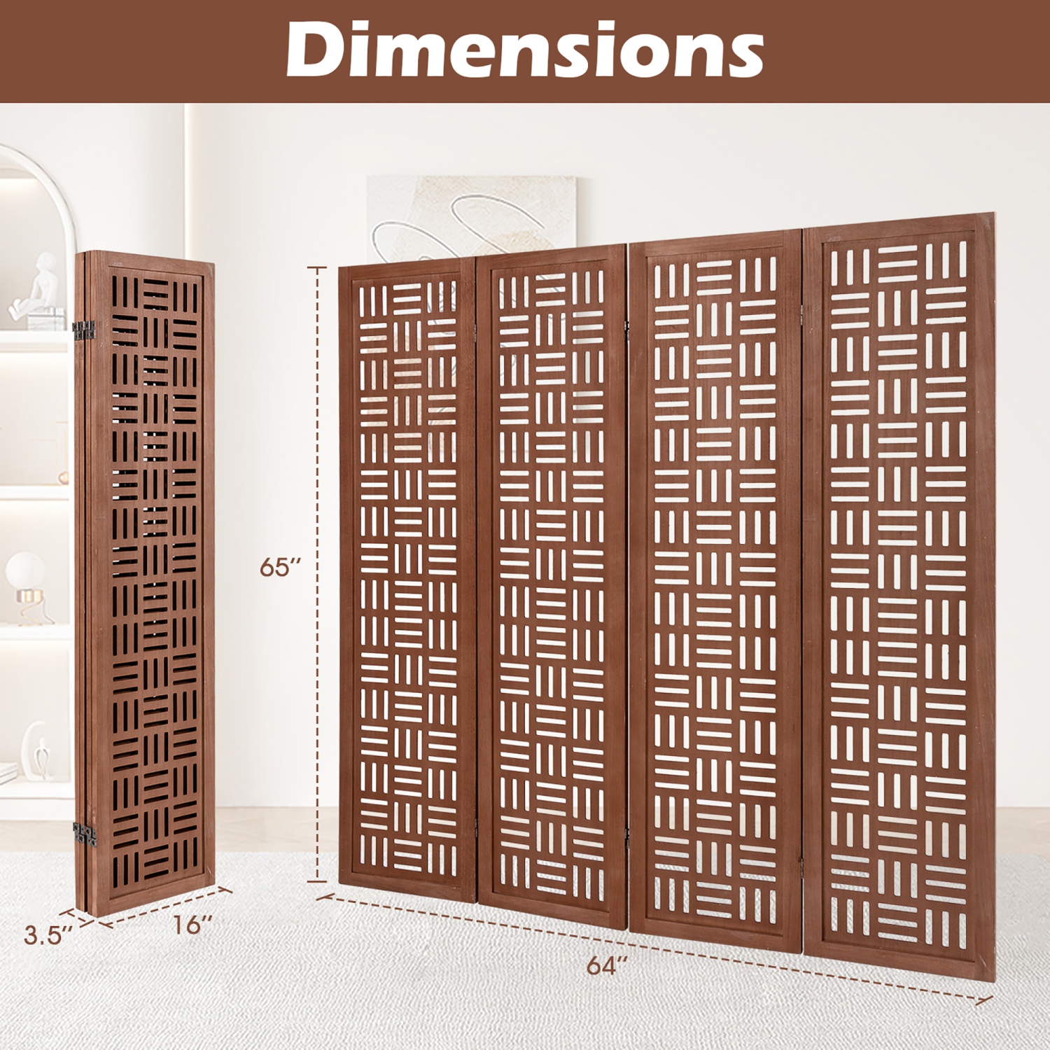 Gymax 4-Panel Room Divider w/ Double Action Metal Hinges Solid Wood Frame for Bedroom
