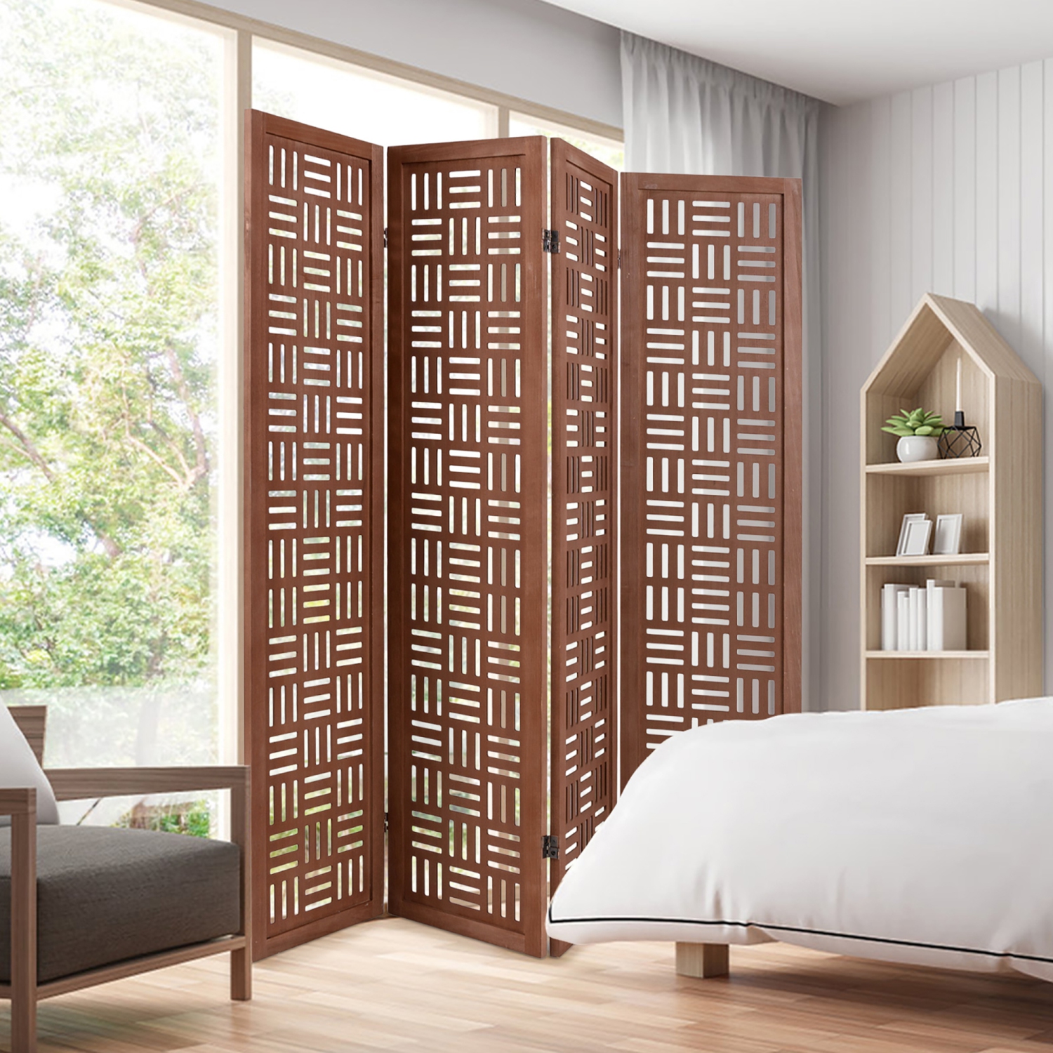 Gymax 4-Panel Room Divider w/ Double Action Metal Hinges Solid Wood Frame for Bedroom