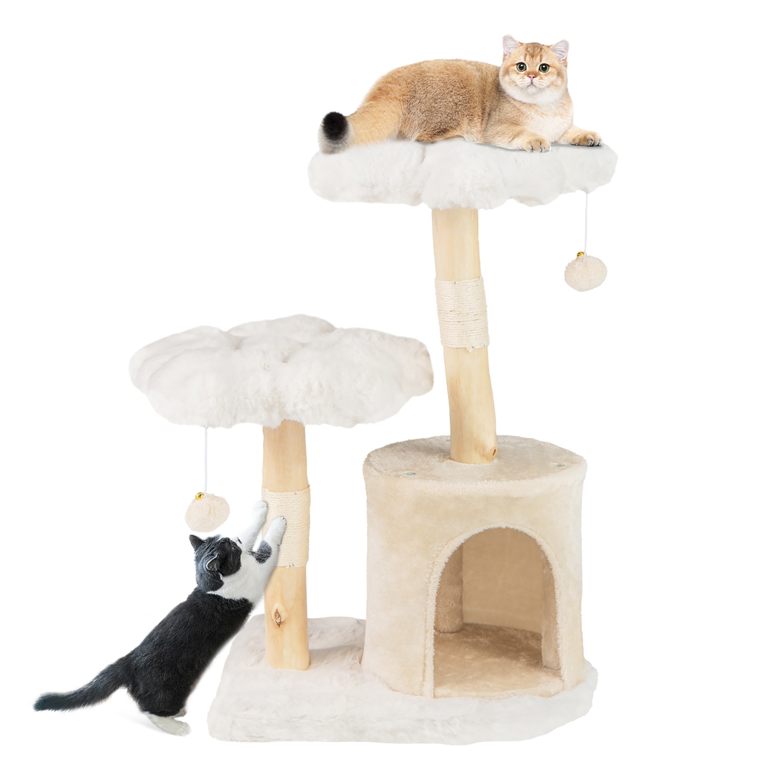 Gymax Cute Solid Wood Cat Tree Natural Branch Modern Flower Cat Tower w/Soft Long