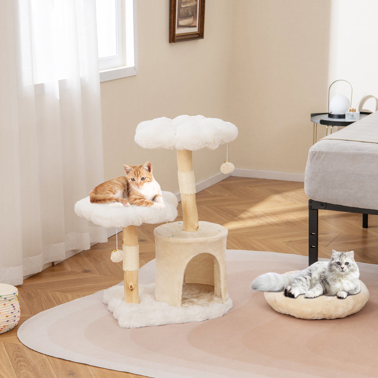 Gymax Cute Solid Wood Cat Tree Natural Branch Modern Flower Cat Tower w/Soft Long