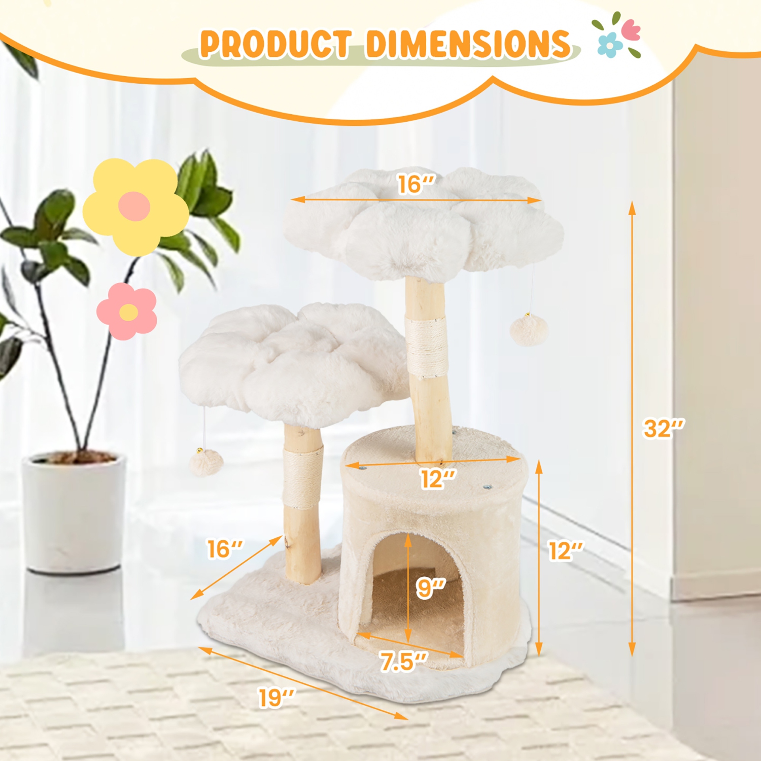 Gymax Cute Solid Wood Cat Tree Natural Branch Modern Flower Cat Tower w/Soft Long