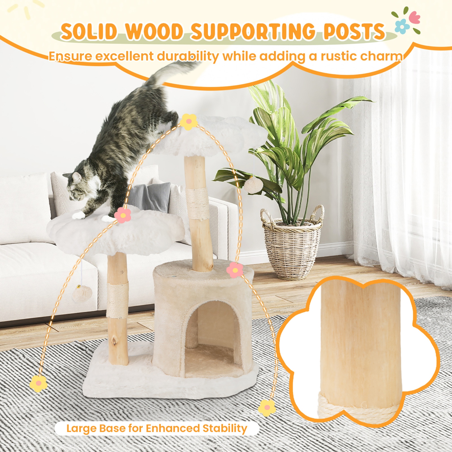 Gymax Cute Solid Wood Cat Tree Natural Branch Modern Flower Cat Tower w/Soft Long
