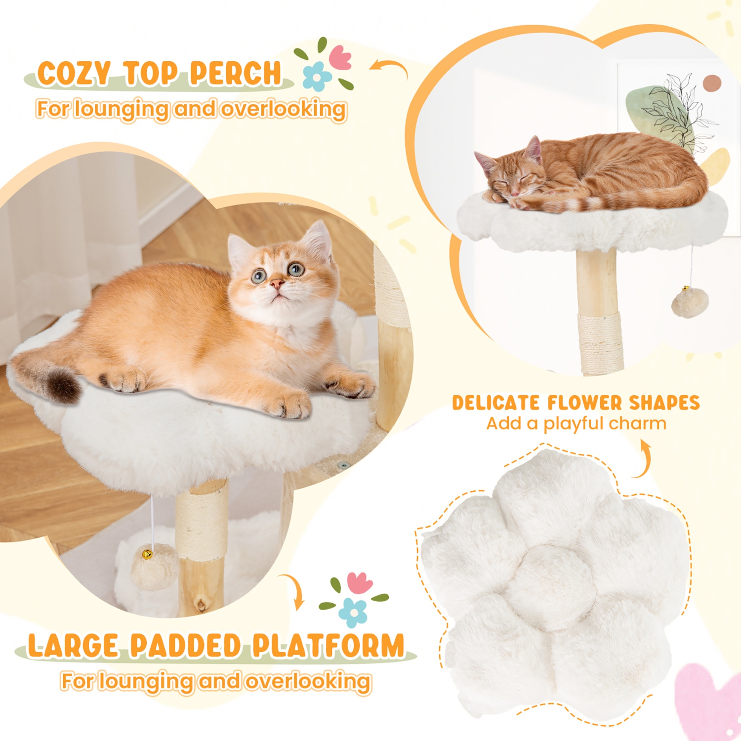 Gymax Cute Solid Wood Cat Tree Natural Branch Modern Flower Cat Tower w/Soft Long