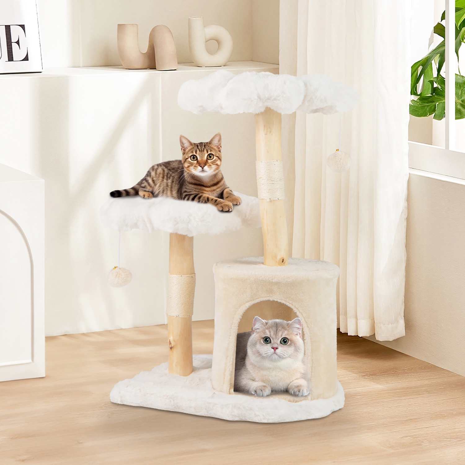 Gymax Cute Solid Wood Cat Tree Natural Branch Modern Flower Cat Tower w/Soft Long