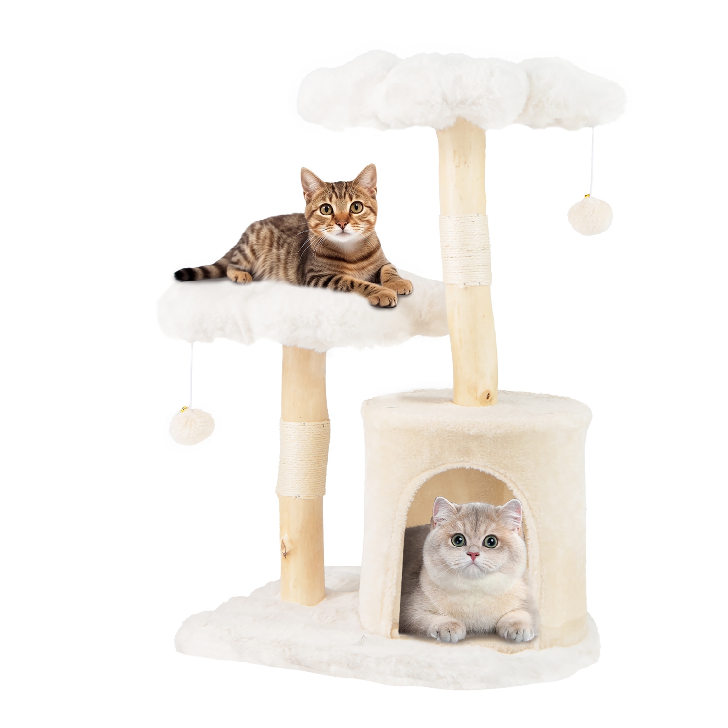 Gymax Cute Solid Wood Cat Tree Natural Branch Modern Flower Cat Tower w/Soft Long