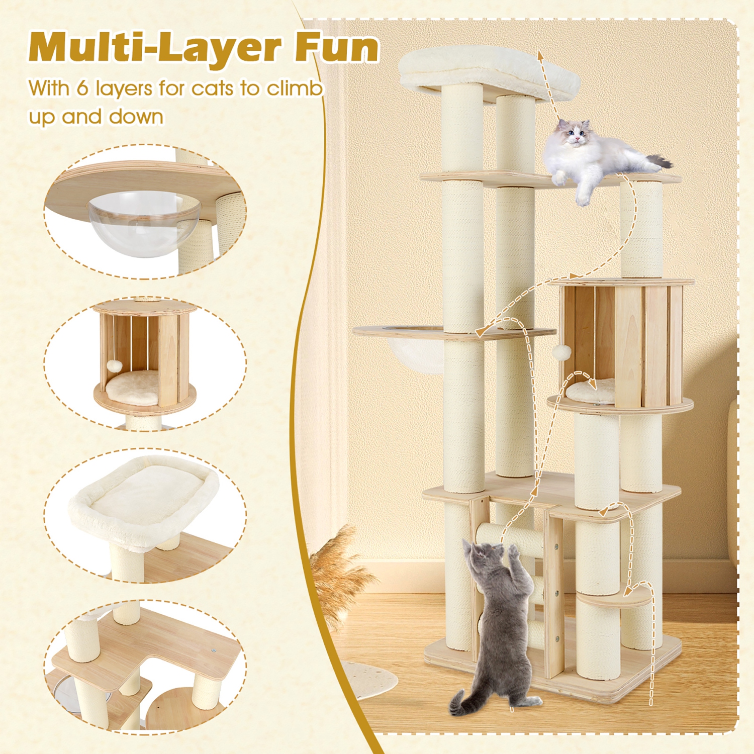 Gymax 71'' Tall Cat Tree w/Cozy Perch Condo Space Capsule 4.6'' Scratching Posts