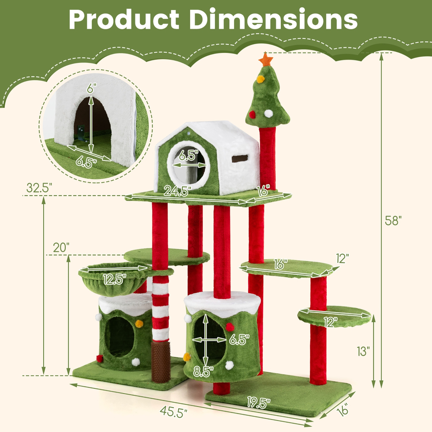 Gymax 48'' Mushroom Cat Tree for Indoor Cats w/ 2 Cute Condos Plush Perch Teasing Balls