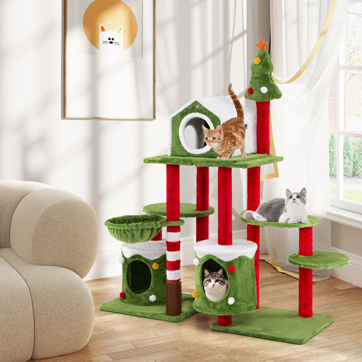 Gymax 48'' Mushroom Cat Tree for Indoor Cats w/ 2 Cute Condos Plush Perch Teasing Balls