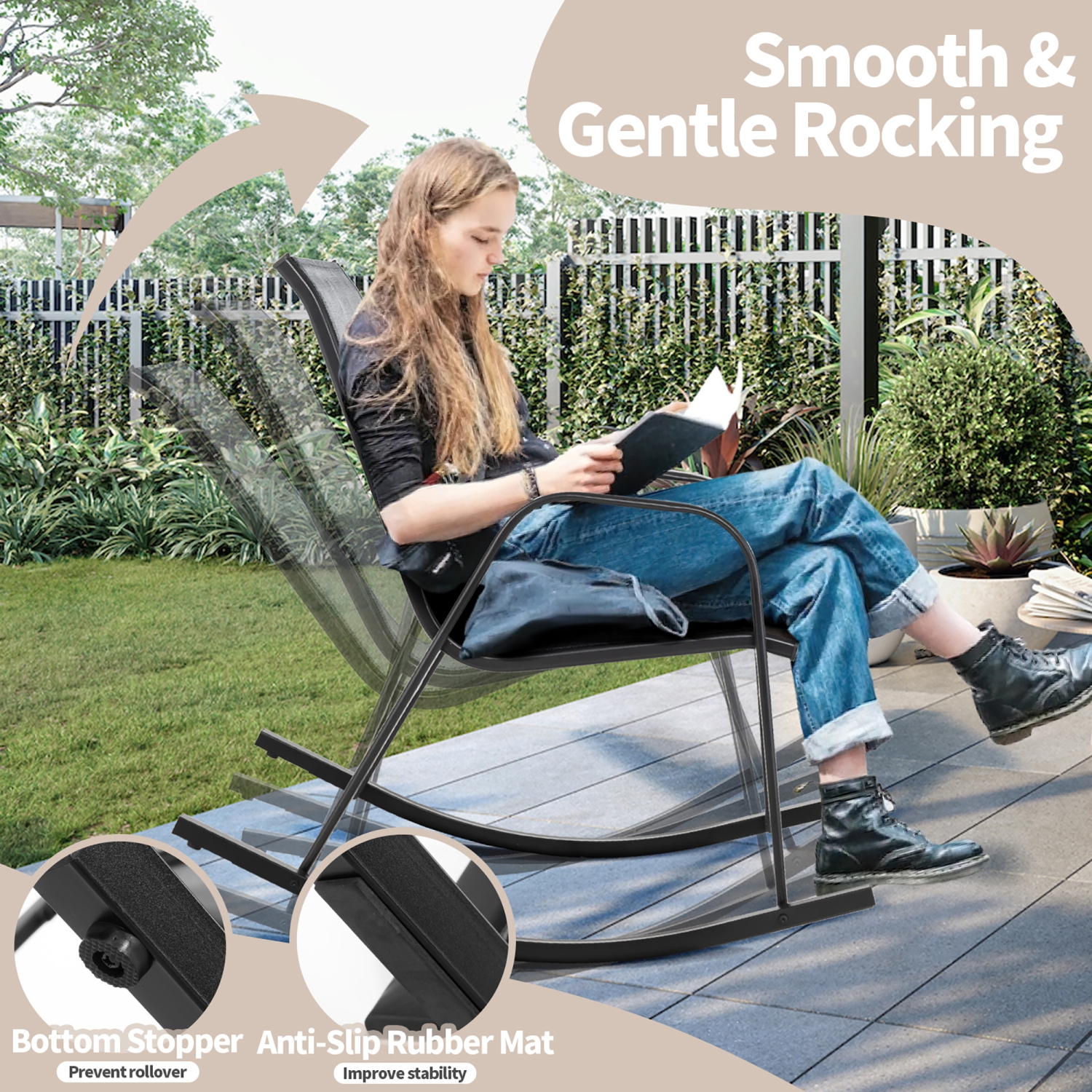 Gymax 4pcs Patio Rocking Chair Heavy-Duty Metal Rocker Outdoor Anti-Slip Gray