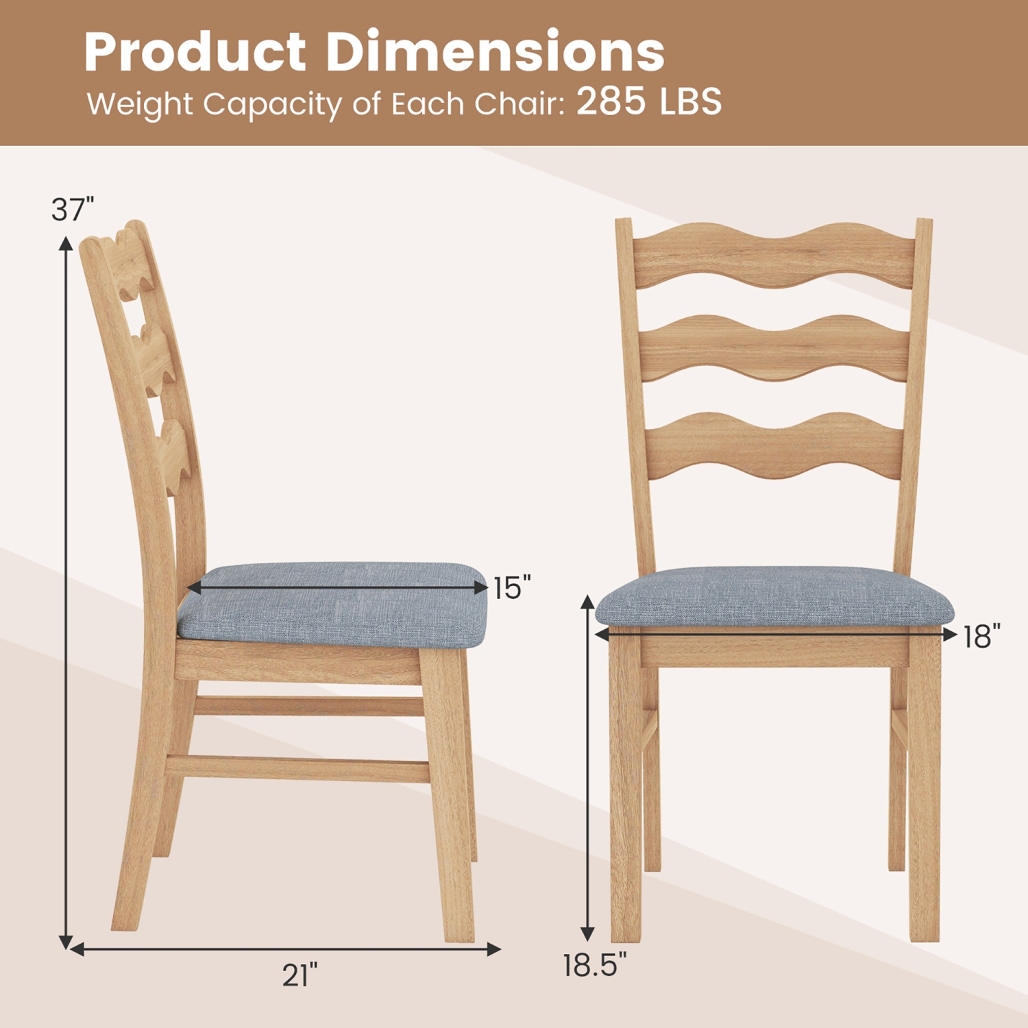Gymax Dining Chair Set of 2 w/ Padded Seat Hollowed Wave Backrest Rubber Wood Frame