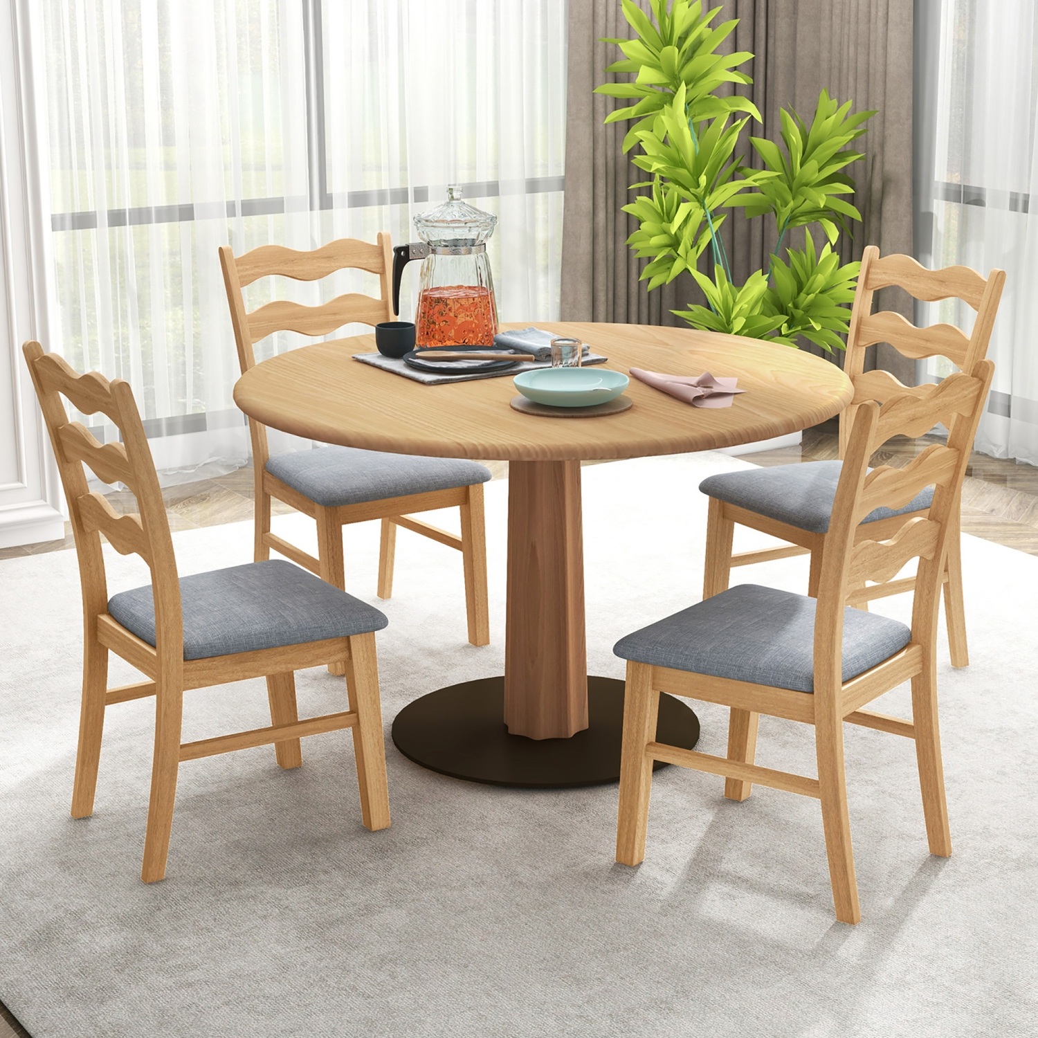 Gymax Dining Chair Set of 4 w/ Padded Seat Hollowed Wave Backrest Rubber Wood Frame