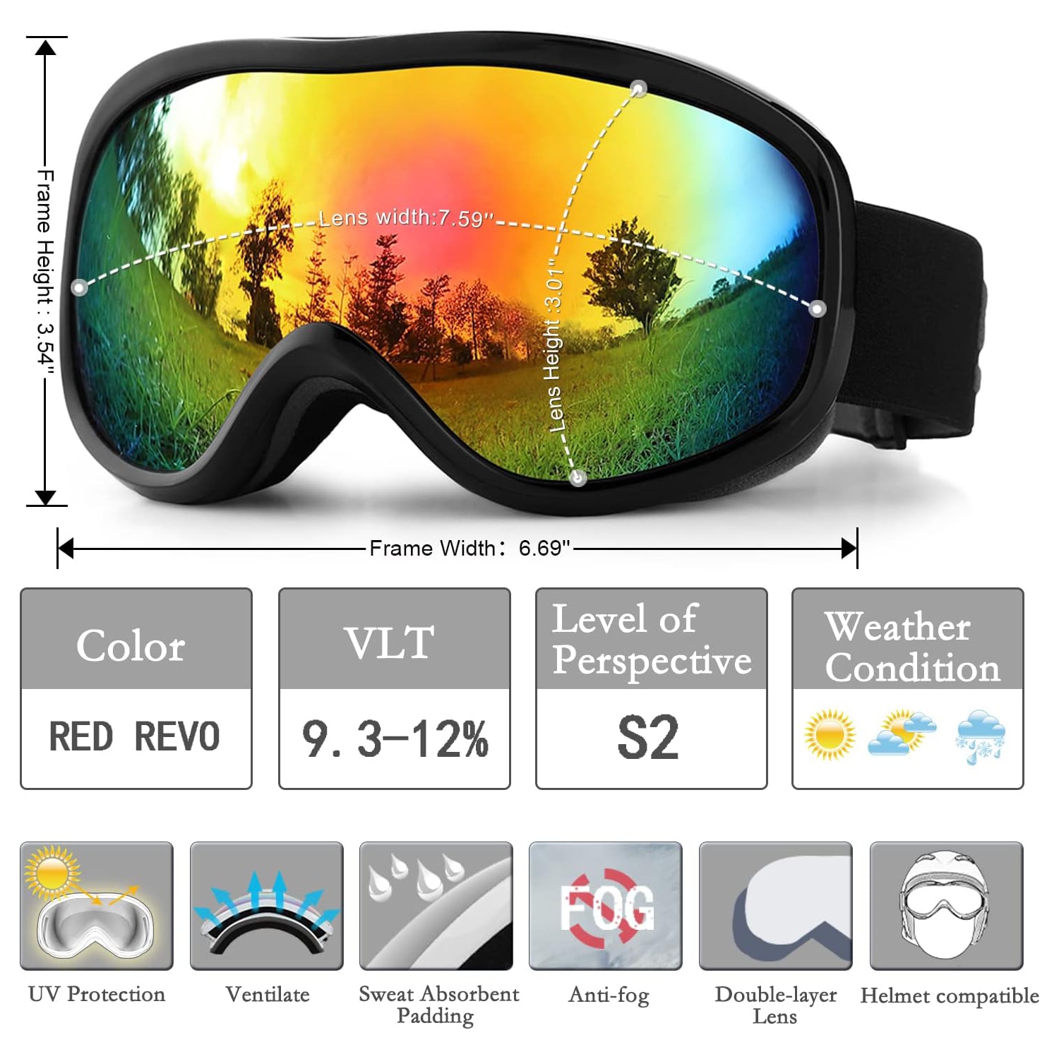 Lunettes de ski PetginHome-OTG, lunettes de surf des neiges antibuée anti-UV Protection pour jeunes Hommes Femmes