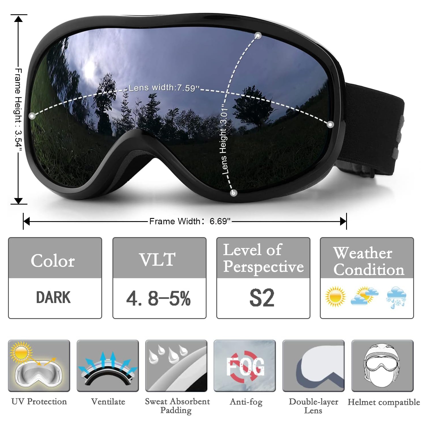 Lunettes de ski PetginHome-OTG, lunettes de surf des neiges antibuée anti-UV Protection pour jeunes Hommes Femmes