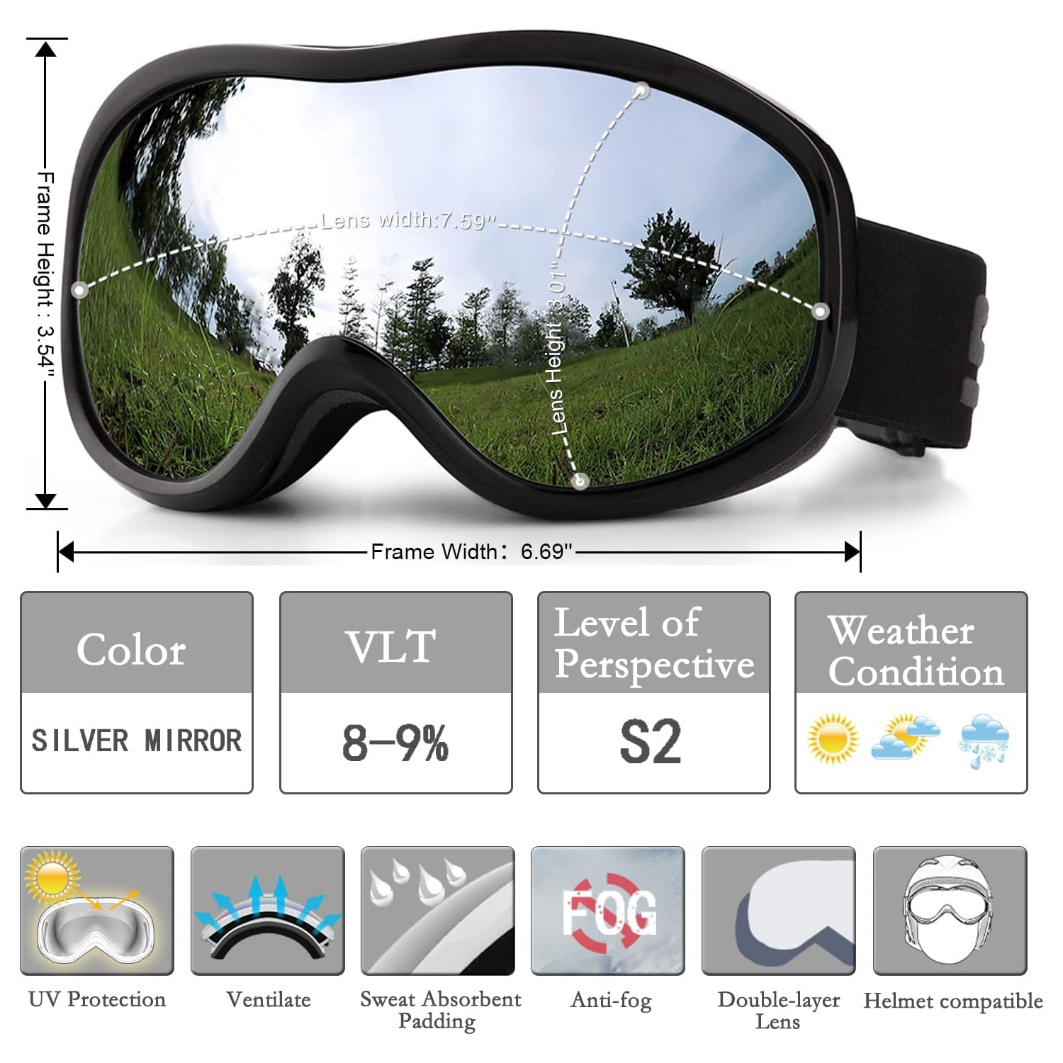 Lunettes de ski PetginHome-OTG, lunettes de surf des neiges antibuée anti-UV Protection pour jeunes Hommes Femmes