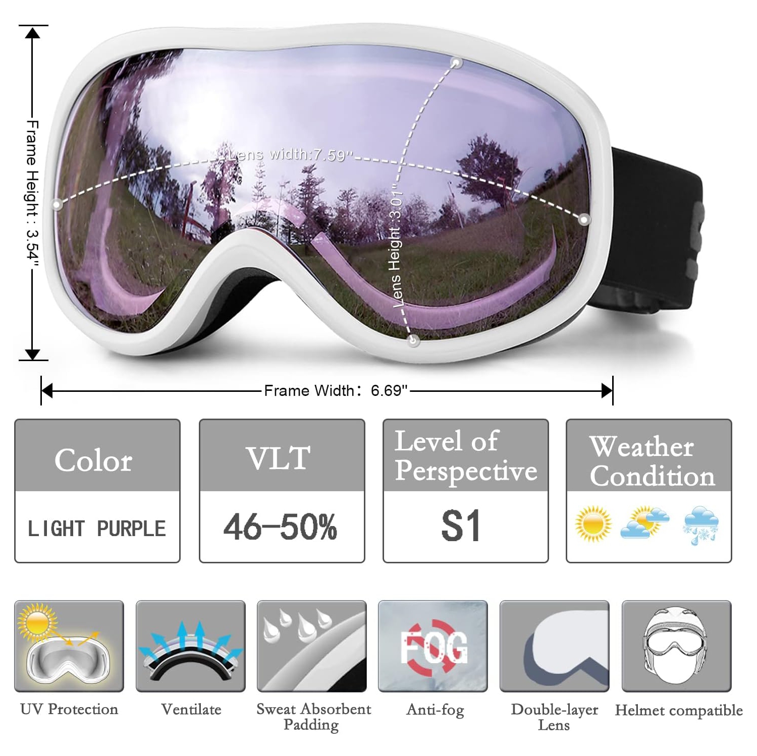 PetginHome-OTG Ski Goggles,Snowboard Goggle Anti-Fog UV Protection Snow Goggles for Youth Men Women