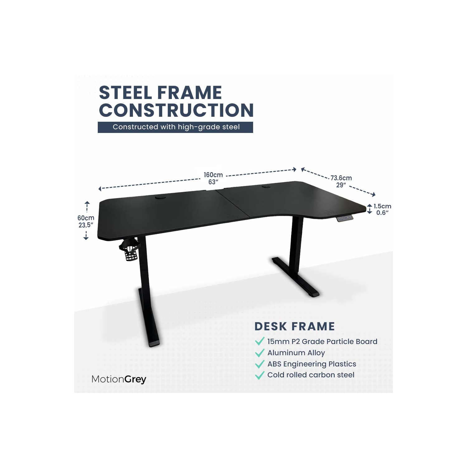 MotionGrey Ergo2 – Bureau debout électrique en L ajustable droit avec réglages de mémoire – Cadre noir supérieur 63 x 24&nbsp;po – Bureau ergonomique