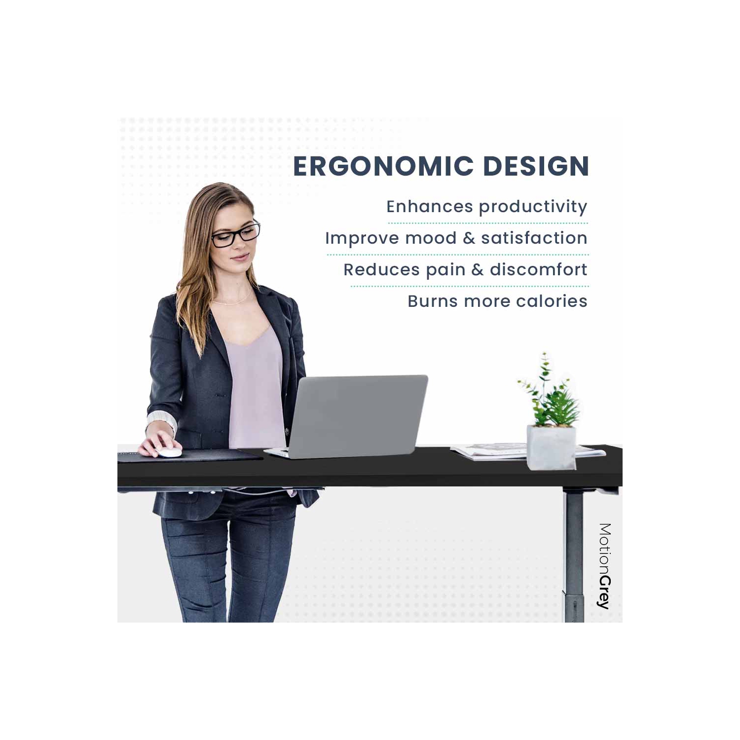 MotionGrey Ergo2 – Bureau debout électrique en L ajustable droit avec réglages de mémoire – Cadre noir supérieur 63 x 24&nbsp;po – Bureau ergonomique