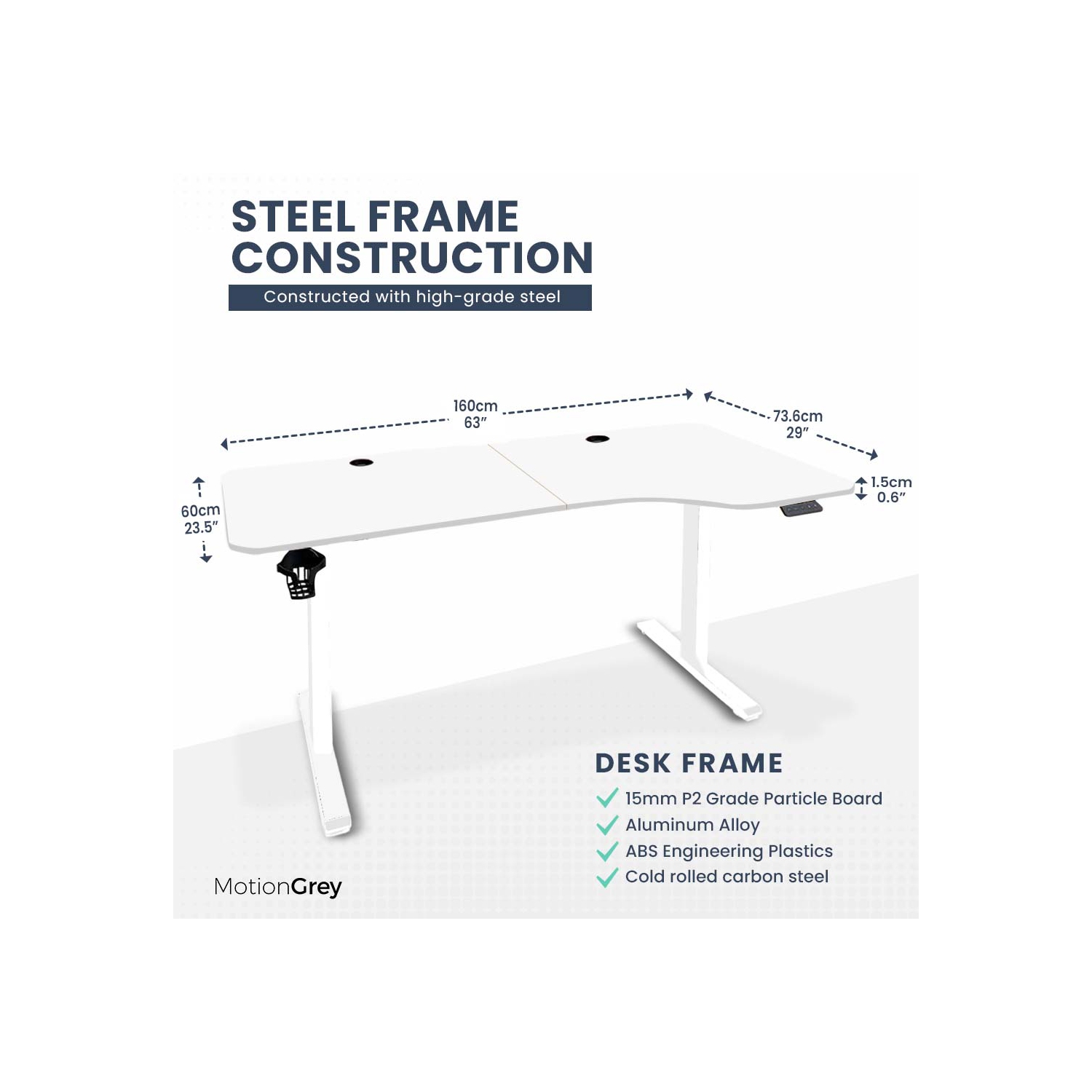 MotionGrey Ergo2 - Adjustable Right L-Shaped Electric Standing Desk with Memory Settings - 63" x 24" White Top White Frame - Ergonomic Desk for Home