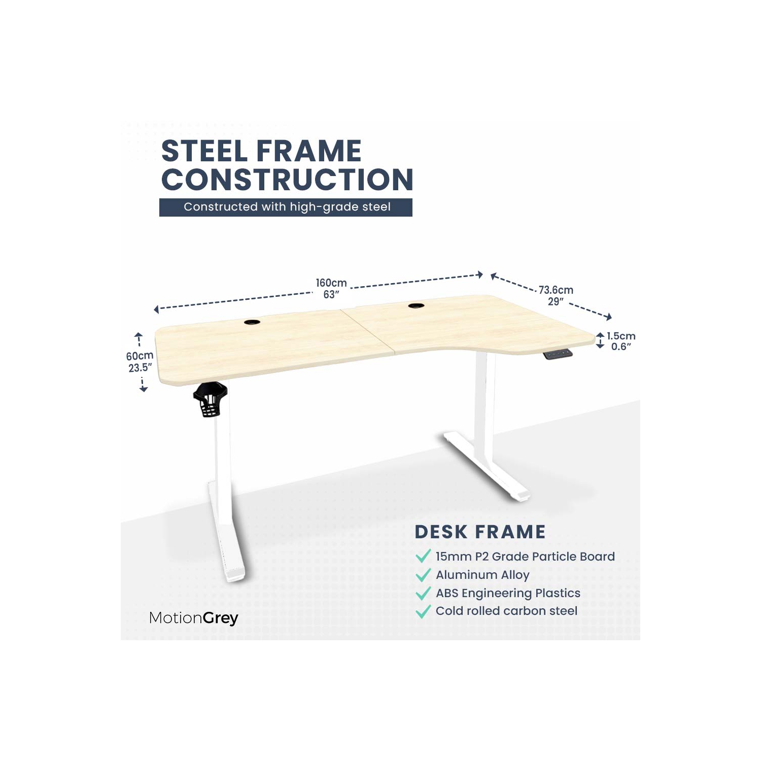 MotionGrey Ergo2 - Adjustable Right L-Shaped Electric Standing Desk with Memory Settings-63" x 24" Light Brown Top White Frame Ergonomic Desk for