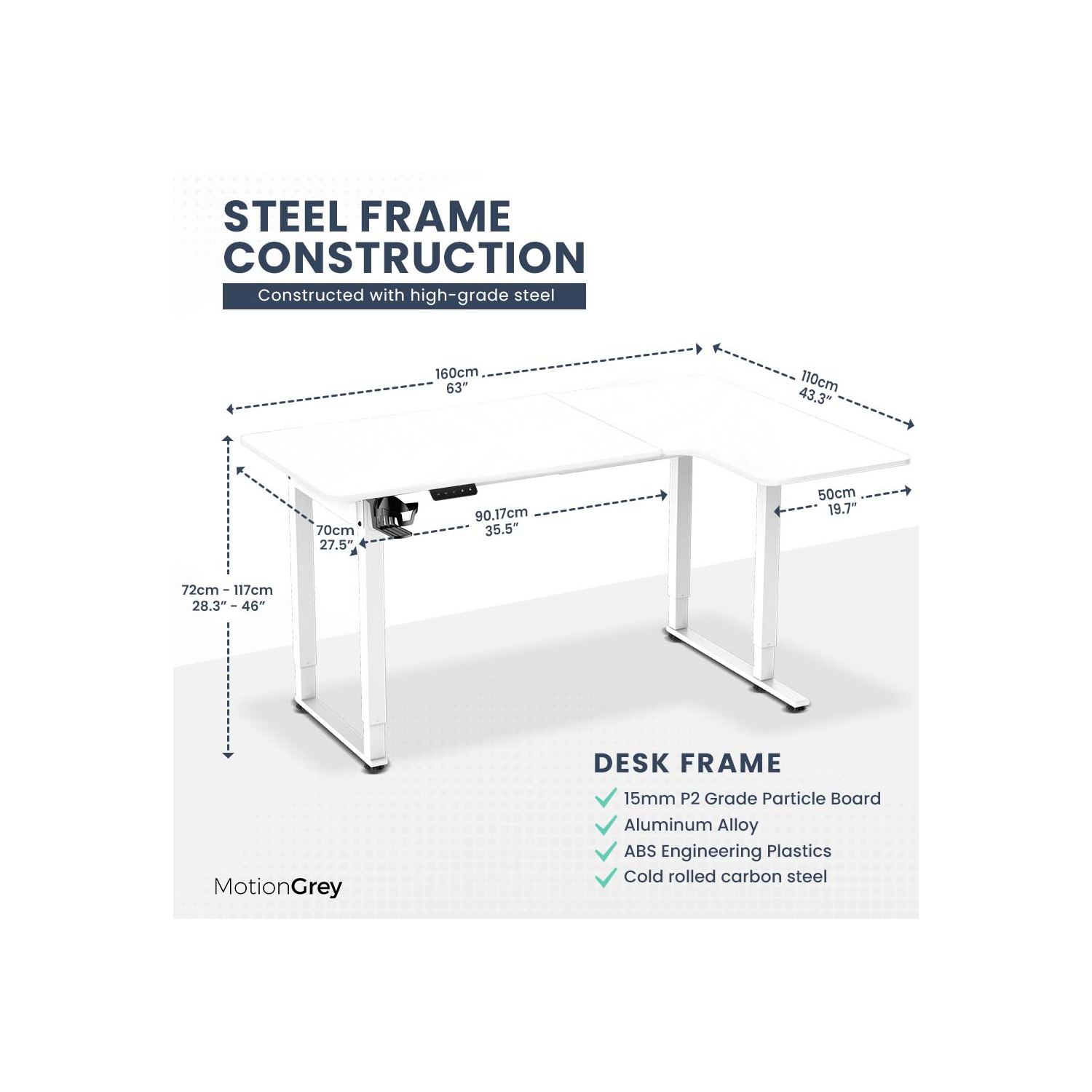 MotionGrey Ergo2 Pro - Adjustable Right L-Shaped Electric Standing Desk with Memory Settings-63" x 43" White Top White Frame - Ergonomic Desk for