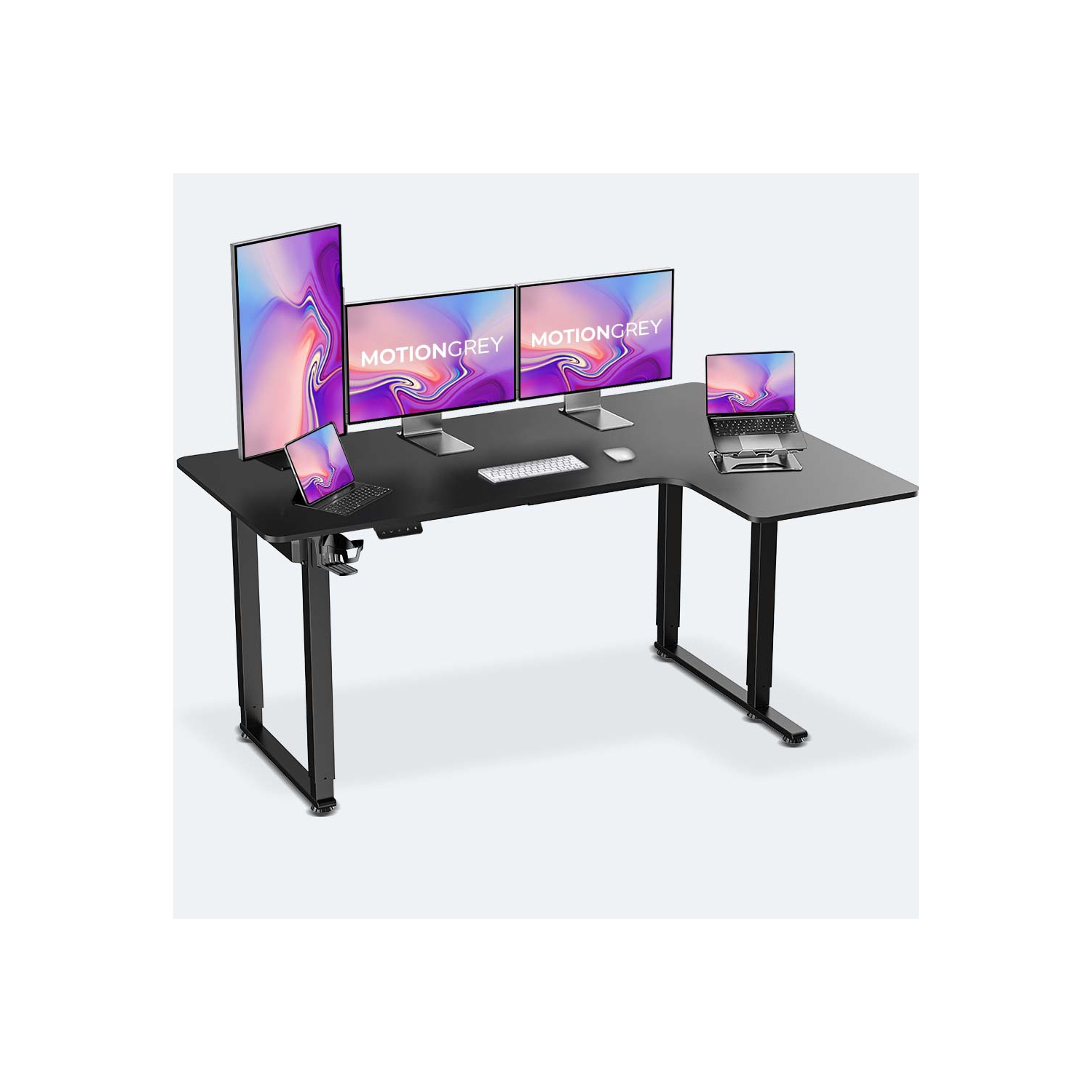 MotionGrey Ergo2 Pro - Bureau debout électrique droit ajustable en L avec réglages de mémoire - Cadre noir supérieur 63 x 43&nbsp;po - Bureau