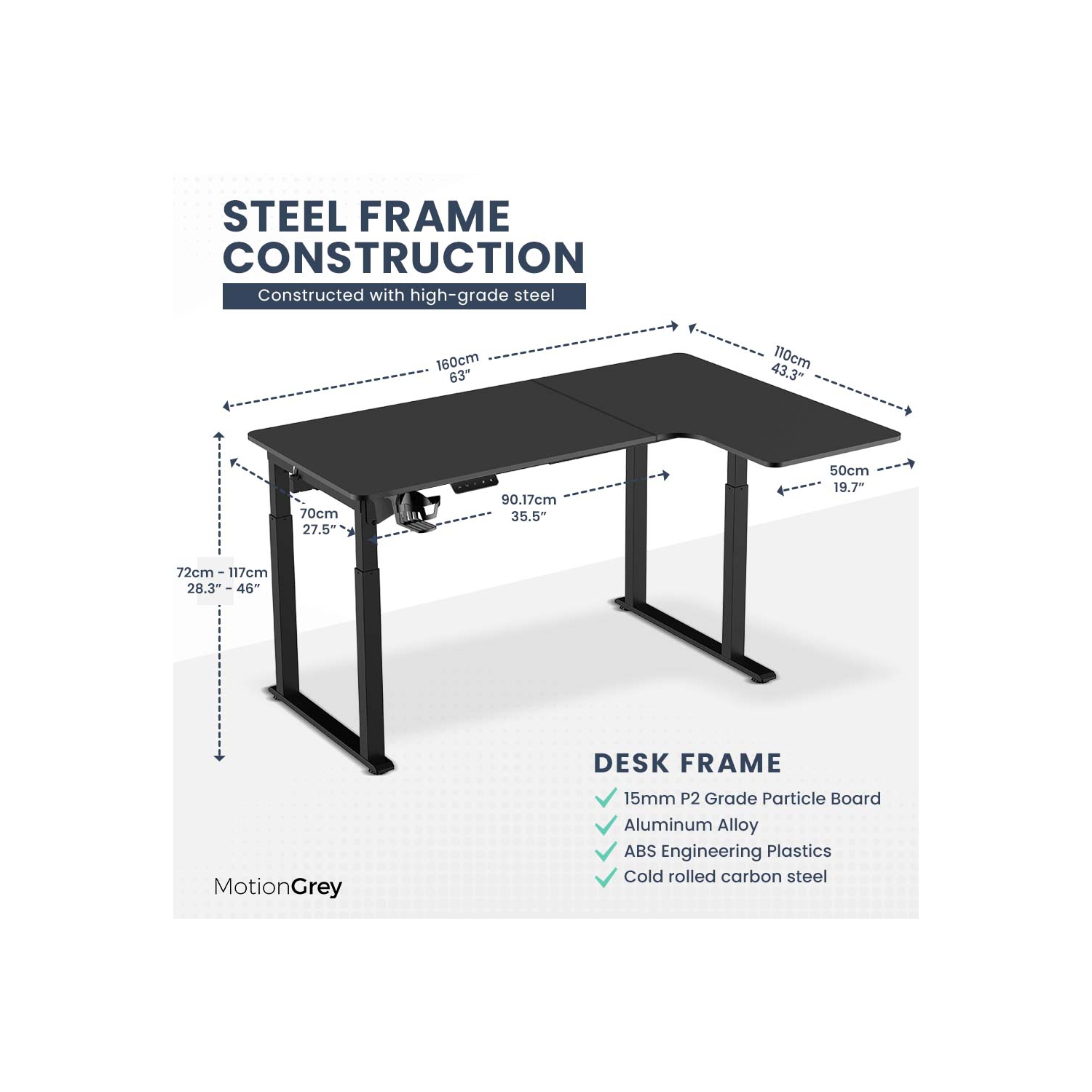 MotionGrey Ergo2 Pro - Bureau debout électrique droit ajustable en L avec réglages de mémoire - Cadre noir supérieur 63 x 43&nbsp;po - Bureau