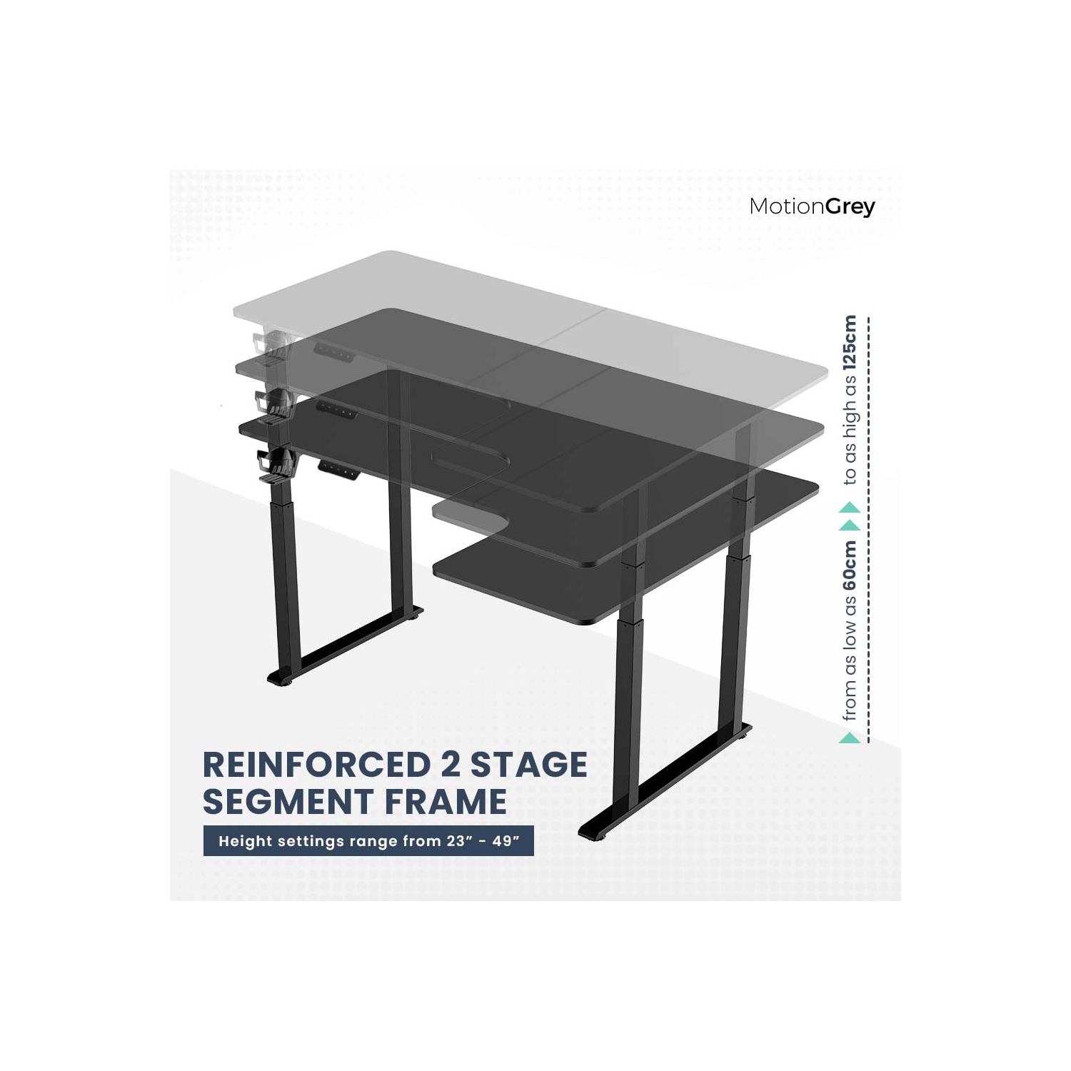 MotionGrey Ergo2 Pro - Bureau debout électrique droit ajustable en L avec réglages de mémoire - Cadre noir supérieur 63 x 43&nbsp;po - Bureau