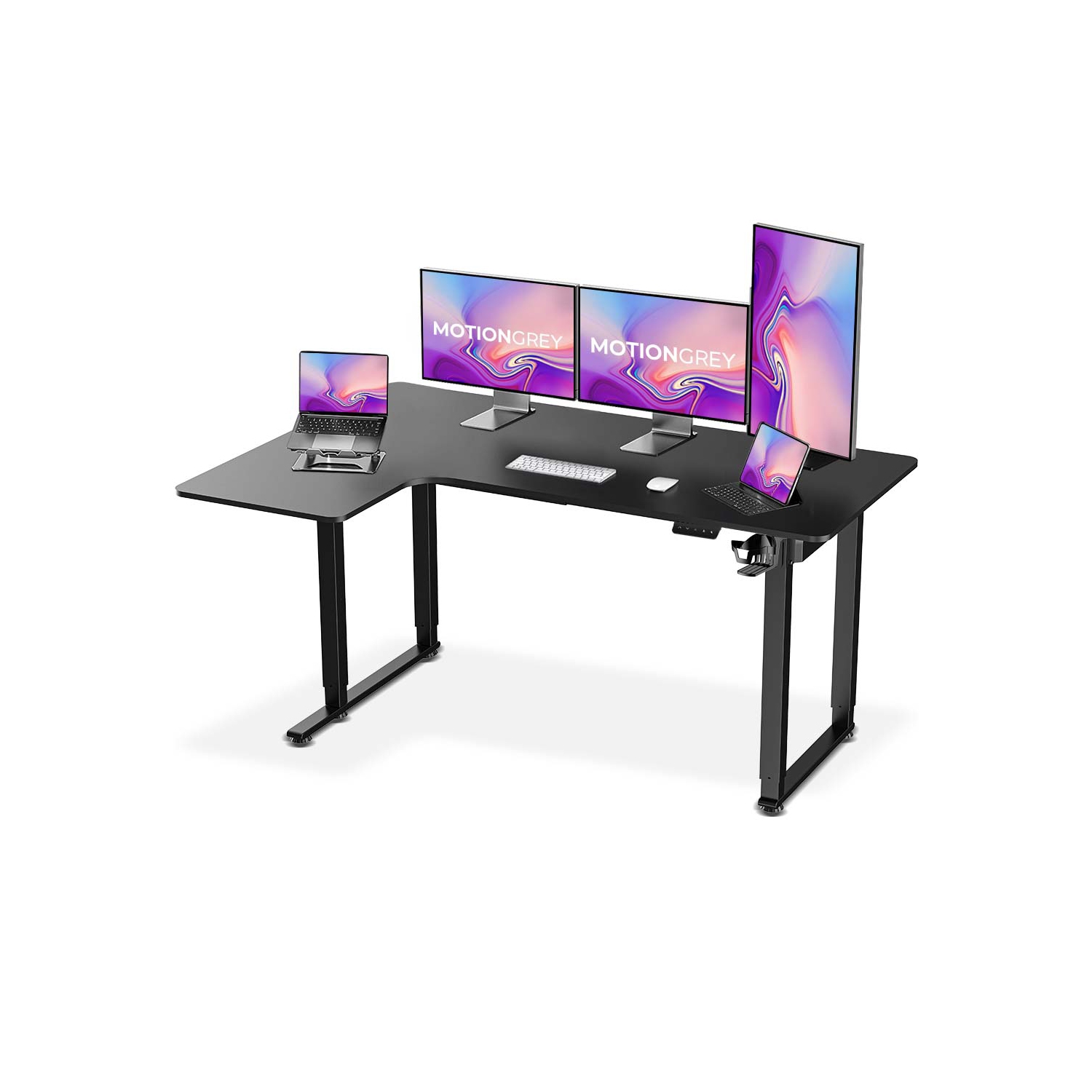 MotionGrey Ergo2 Pro - Adjustable Left L-Shaped Electric Standing Desk with Memory Settings-63" x 43" Black Top Black Frame - Ergonomic Desk for Home