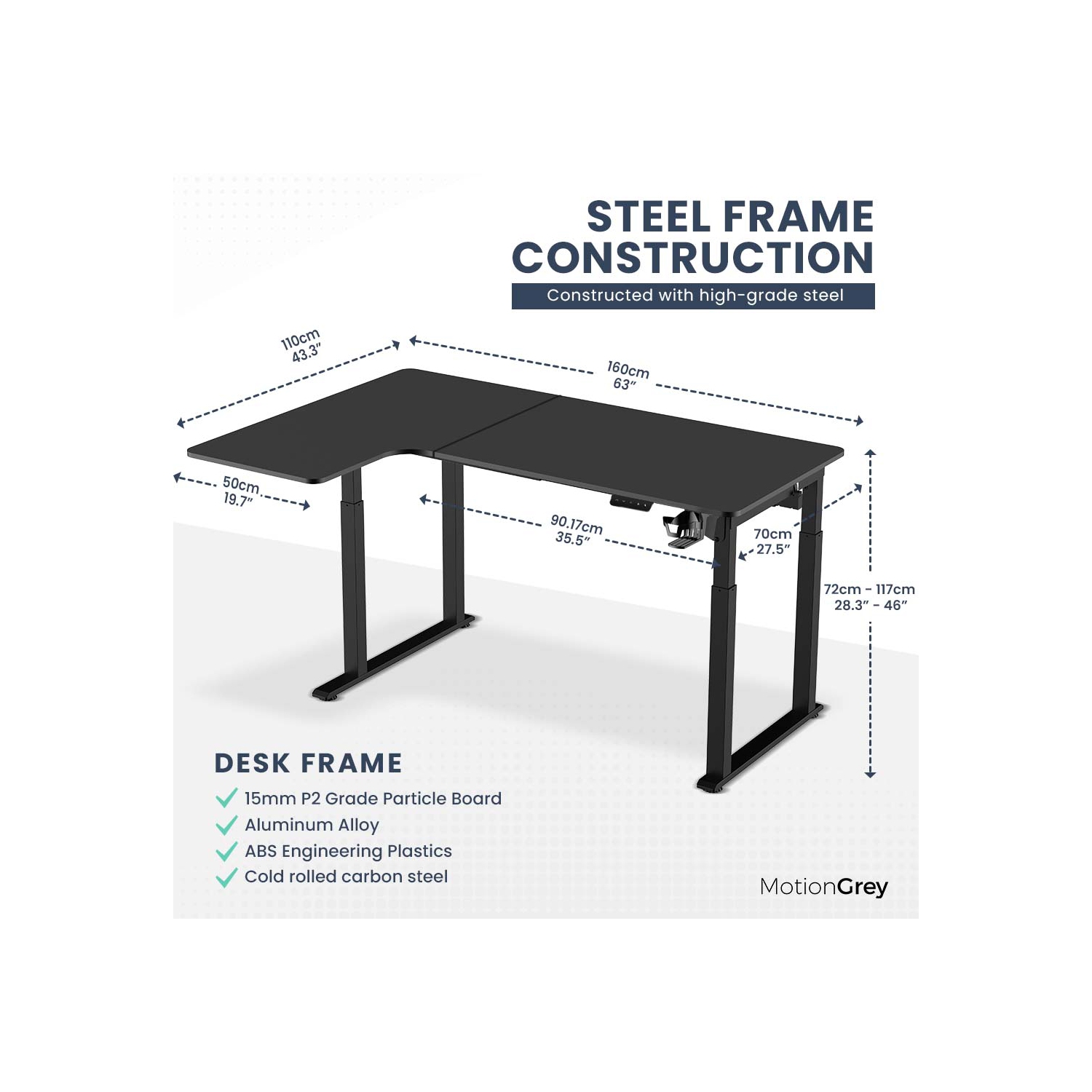 MotionGrey Ergo2 Pro - Adjustable Left L-Shaped Electric Standing Desk with Memory Settings-63" x 43" Black Top Black Frame - Ergonomic Desk for Home
