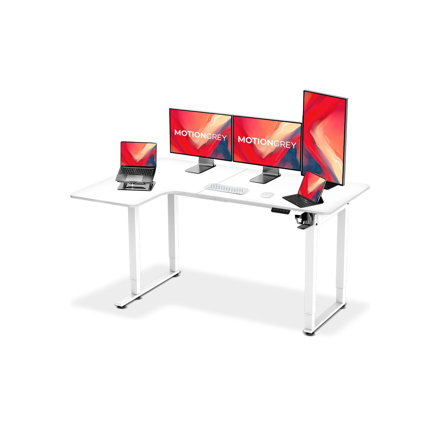 MotionGrey Ergo2 Pro - Adjustable Left L-Shaped Electric Standing Desk with Memory Settings-63" x 43" White Top White Frame - Ergonomic Desk for Home