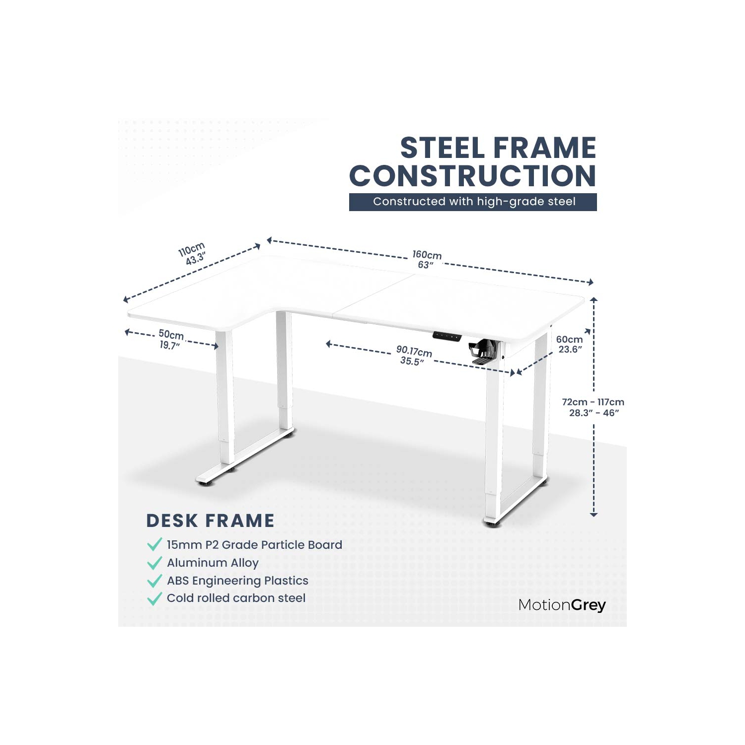 MotionGrey Ergo2 Pro - Adjustable Left L-Shaped Electric Standing Desk with Memory Settings-63" x 43" White Top White Frame - Ergonomic Desk for Home
