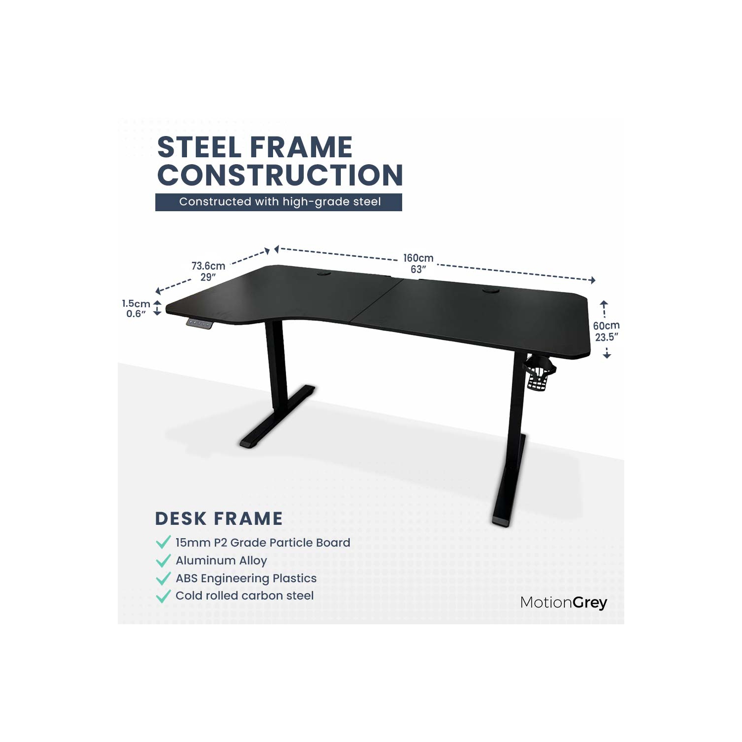 MotionGrey Ergo2 - Adjustable Left L-Shaped Electric Standing Desk with Memory Settings - 63" x 24" Black Top Black Frame - Ergonomic Desk for Home