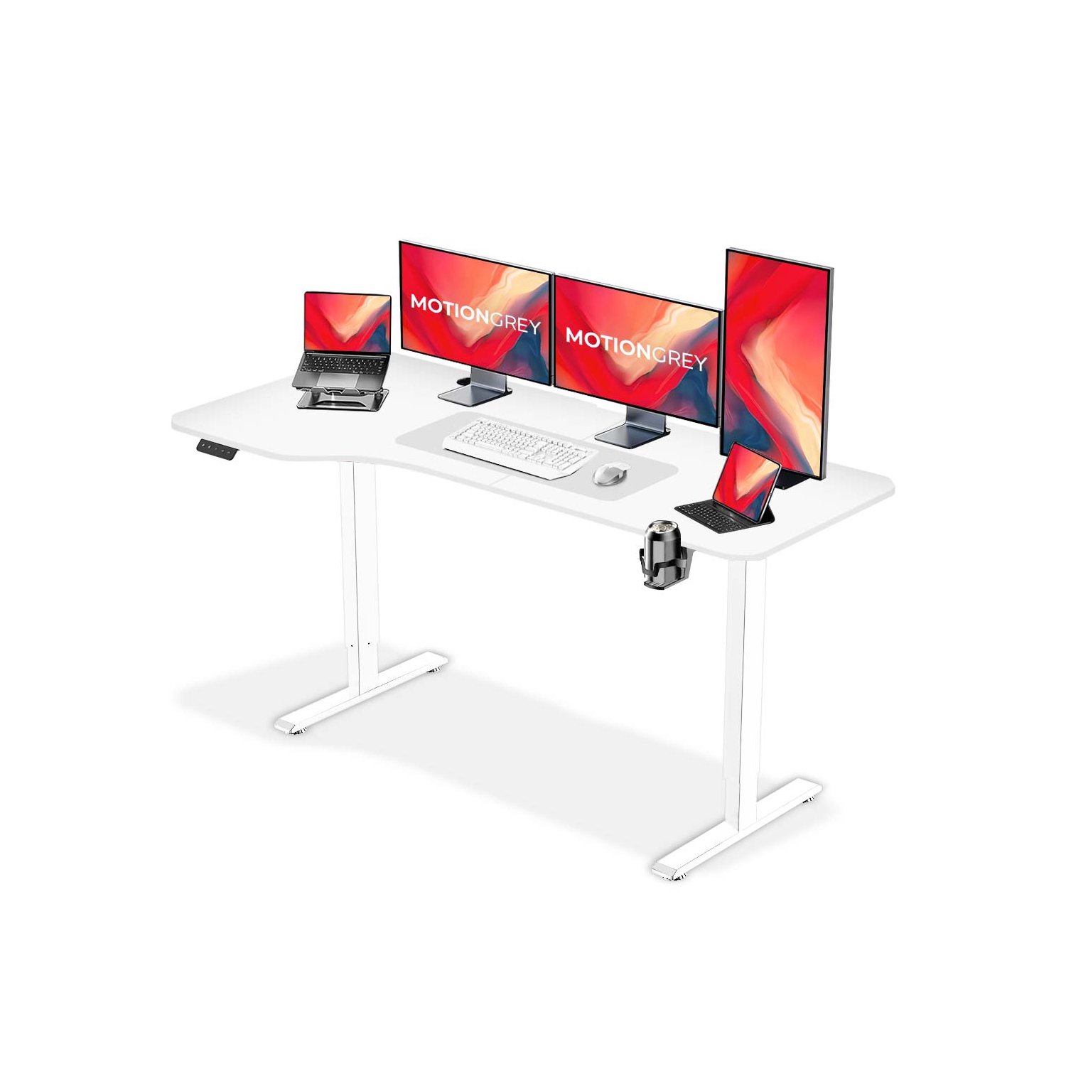 MotionGrey Ergo2 – Bureau debout électrique gauche réglable en L avec réglages de mémoire – Cadre blanc supérieur 63 x 24&nbsp;po – Bureau