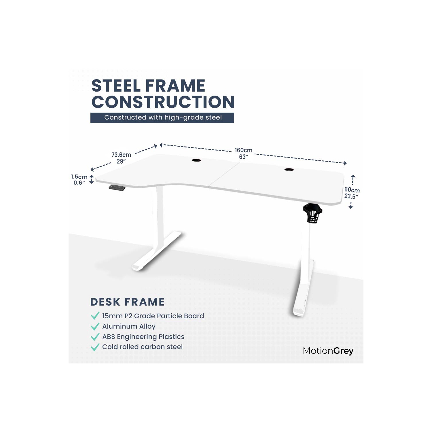MotionGrey Ergo2 – Bureau debout électrique gauche réglable en L avec réglages de mémoire – Cadre blanc supérieur 63 x 24 po – Bureau