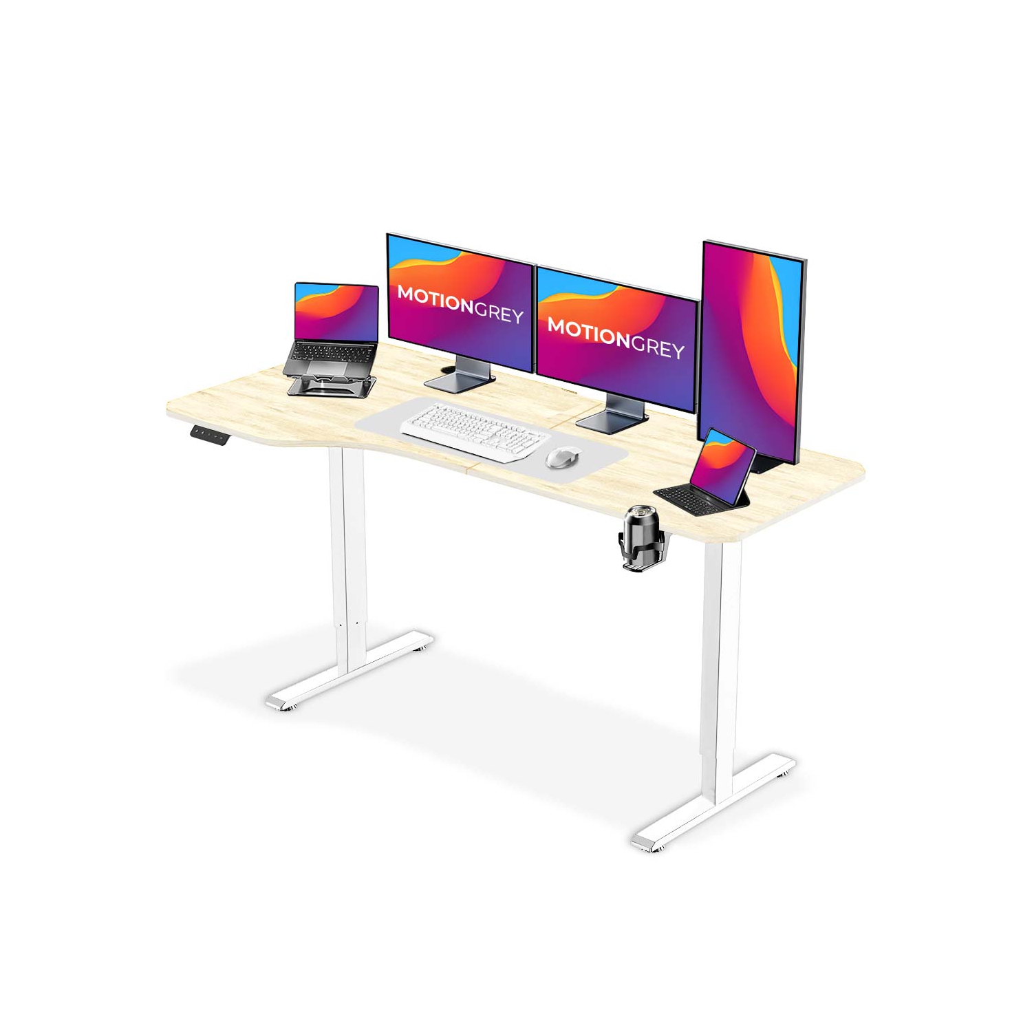 MotionGrey Ergo2 – Bureau debout électrique gauche réglable en L avec réglages de mémoire – Bureau ergonomique avec dessus blanc clair de 63 x