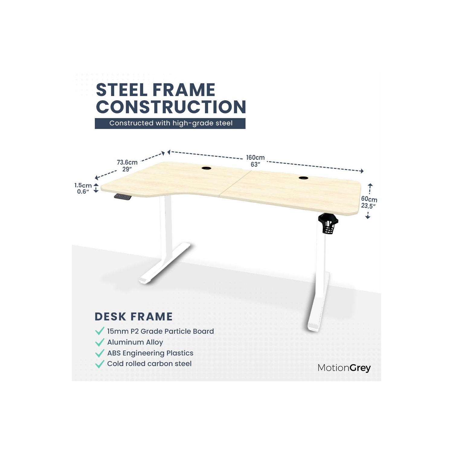 MotionGrey Ergo2 – Bureau debout électrique gauche réglable en L avec réglages de mémoire – Bureau ergonomique avec dessus blanc clair de 63 x
